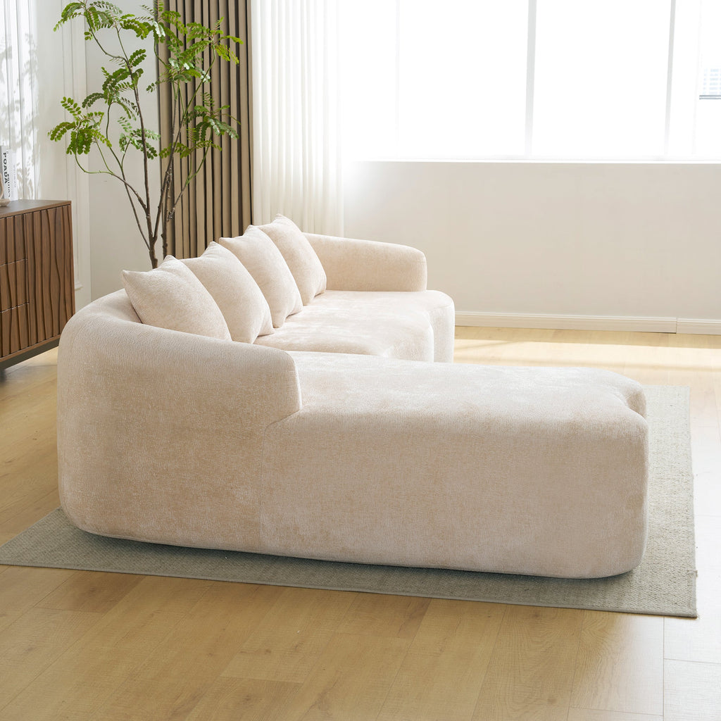 Full Compression L-Shape Sectional Sofa with Curved Chaise, Beige Modular Chenille Couch, High-Density for Apartment Living Room