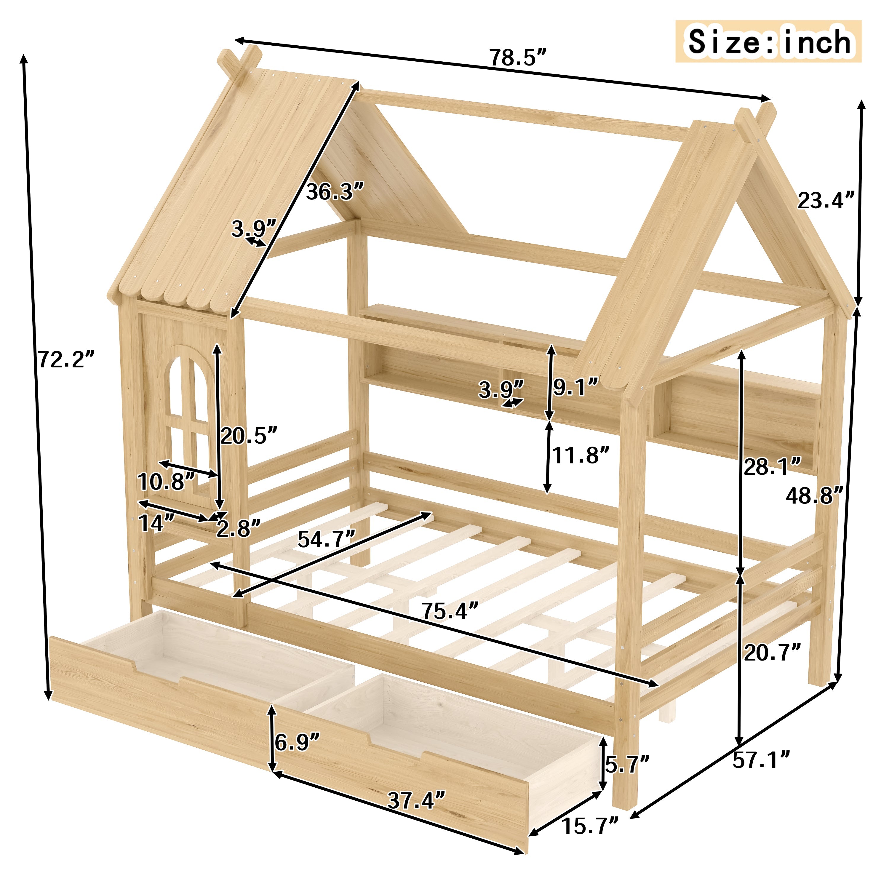 Full house Beds with Storage Drawers and Window, Solid Wood House Platform Bed Frame with shelves, for Kids, Girls, Boys, No Spring Box Needed and Childlike Design, Natural