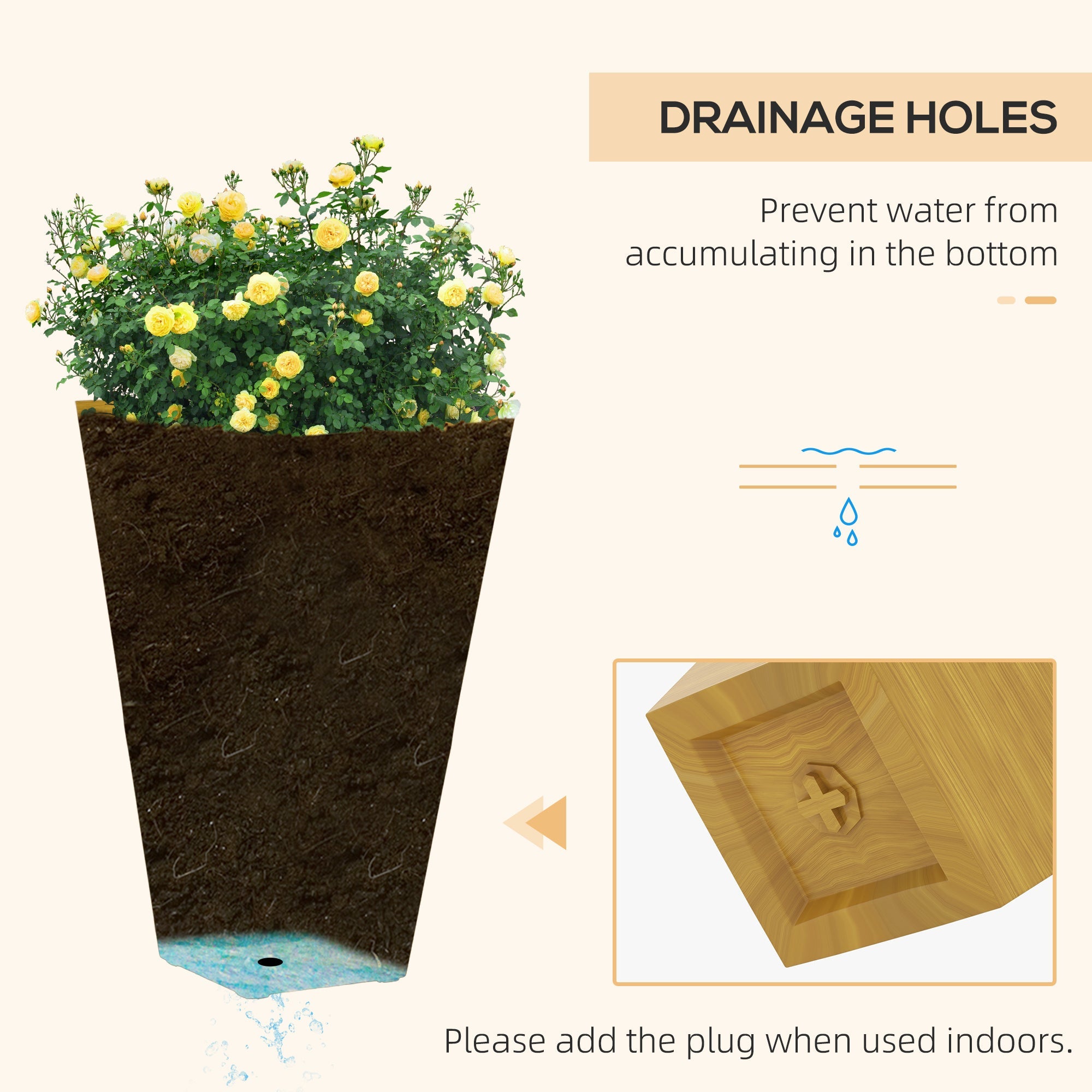 Outsunny 28' Tall Outdoor Planters Set of 3 with Drainage Holes Faux Wood Plastic Flower Pots for Garden Patio Tan