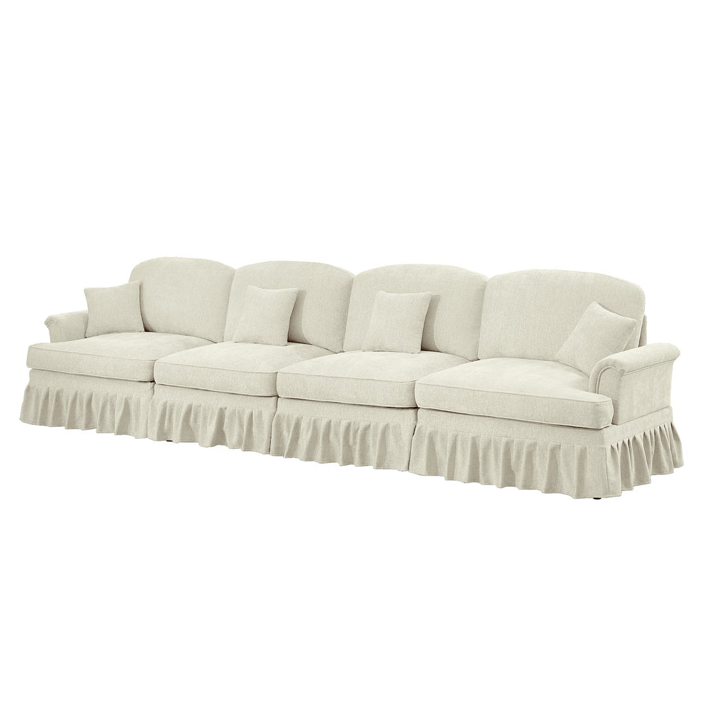 Elegant Mid Century Large 4 Seater Sofa Couch with Flared Arms and Removable Ruffles Pleats Skirts and Spindle Legs, Comfy Chenille Four-Seat Sofa for Living Room, Beige White
