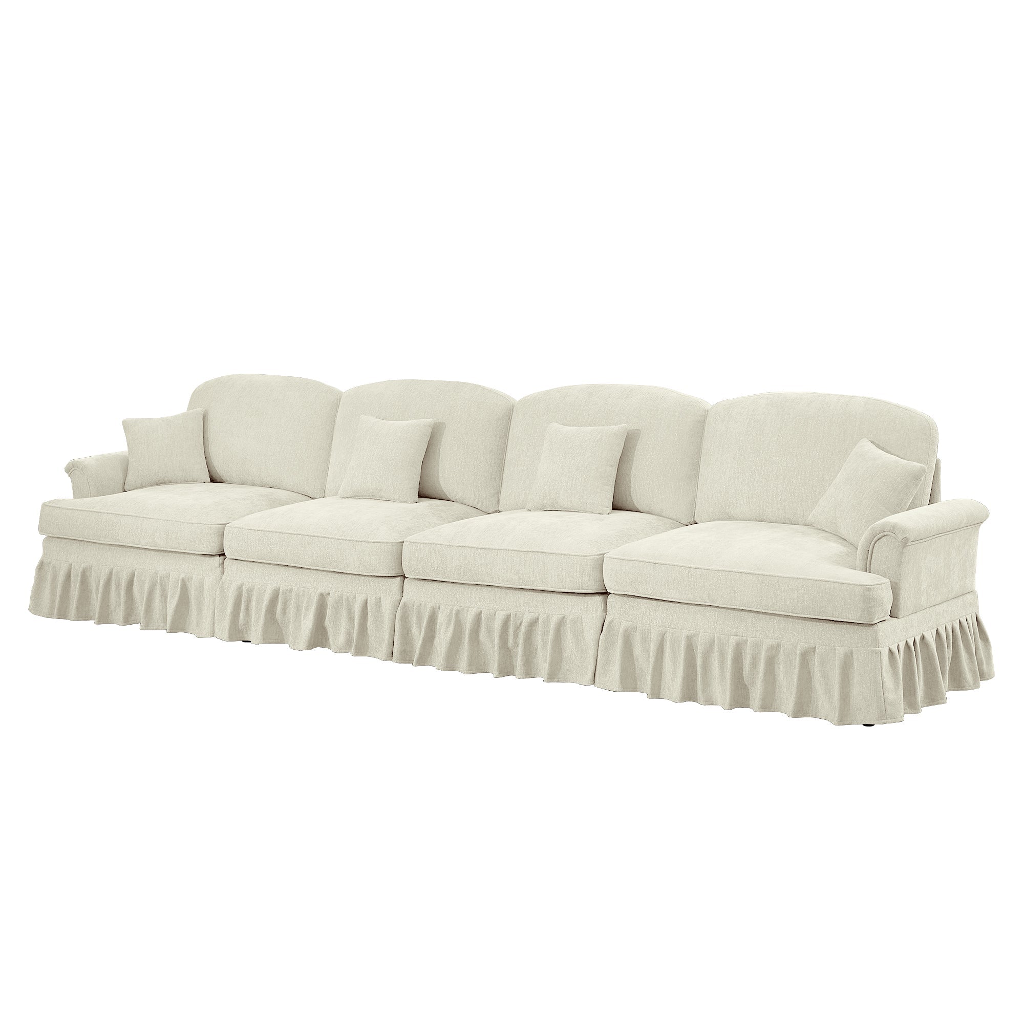 Elegant Mid Century Large 4 Seater Sofa Couch with Flared Arms and Removable Ruffles Pleats Skirts and Spindle Legs, Comfy Chenille Four-Seat Sofa for Living Room, Beige White