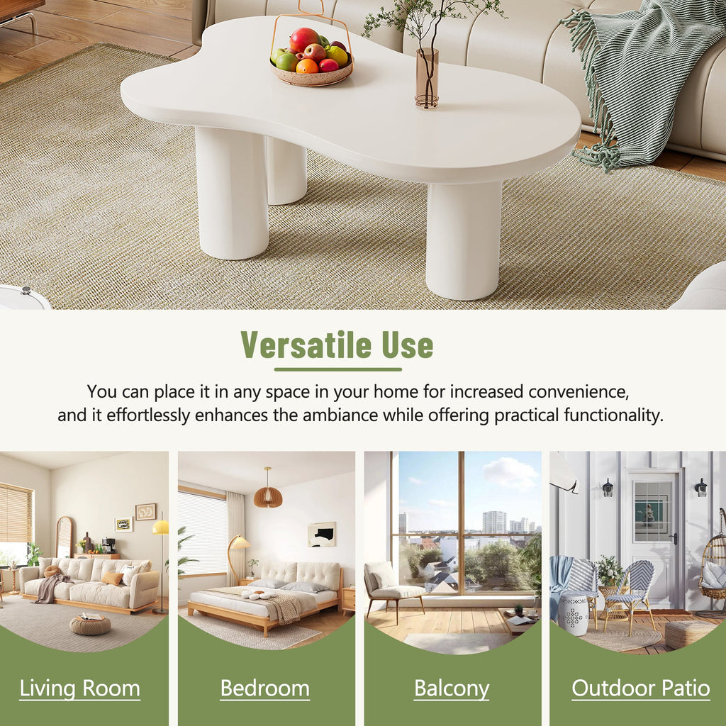 ON-TREND 44'' x 25.9'' Easy Assembly Cloud Coffee Table with 1.5'' Thick Tabletop, Cream Style Irregular End Table with 3 Sturdy Legs, Sleek Center Table with Round Edge for Living Room, White