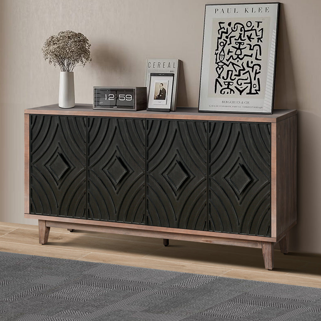 Mid Century Sideboard Buffet Cabinet with Solid Wood Legs 60" Kitchen Storage Cabinet Credenza with 4 Convex pattern diamond Doors and 2 Shelves Accent Console Table for Living Room Entrance Hall etc