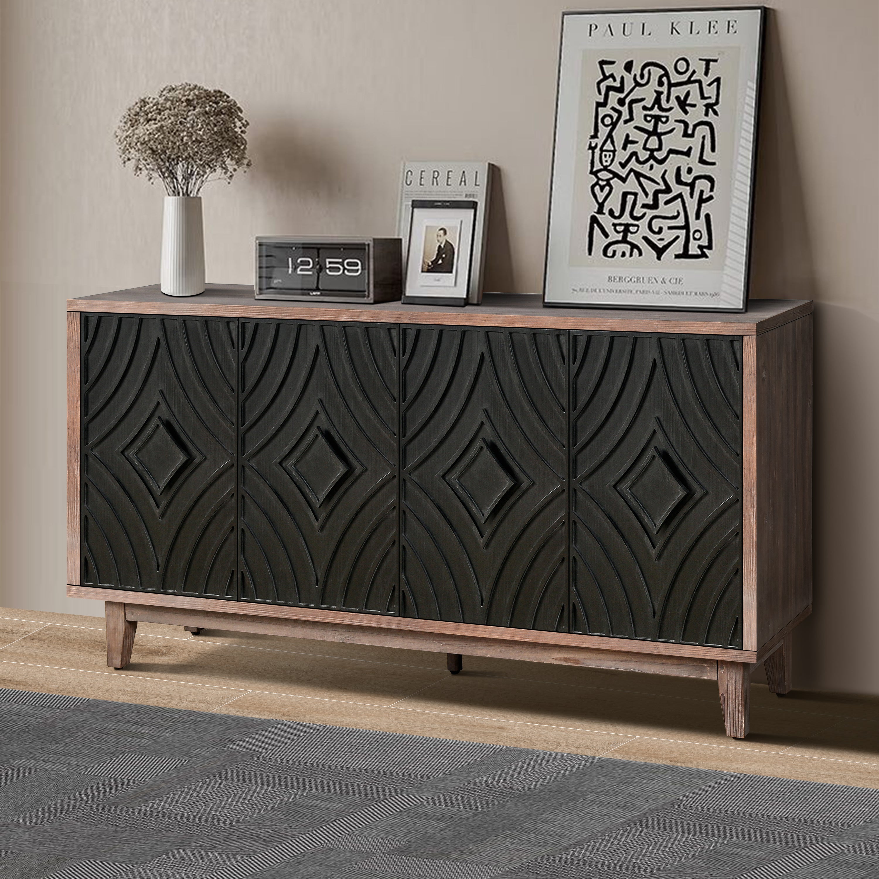 Mid Century Sideboard Buffet Cabinet with Solid Wood Legs 60" Kitchen Storage Cabinet Credenza with 4 Convex pattern diamond Doors and 2 Shelves Accent Console Table for Living Room Entrance Hall etc