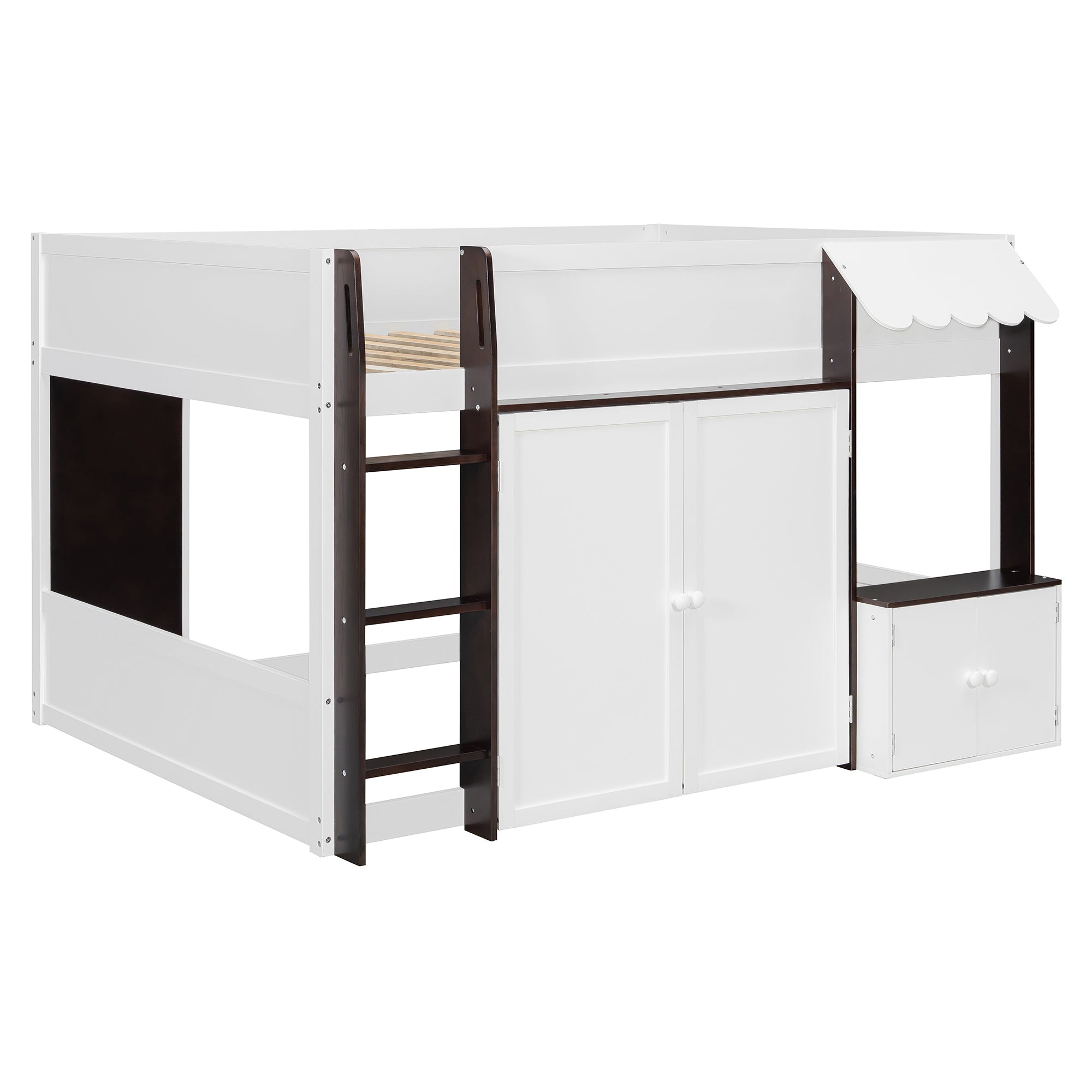 Full Loft House Bed with Playhouse & Storage, Modern Wood Cabin Bed for Kids/Teens, White+Espresso