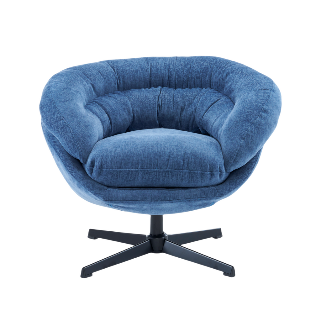 Modern Chenille Office Chair, 360° Swivel Accent Chair with Removable Cushion, Round Office Chair, Black Metal Base, Cotton Material, Living Room, Bedroom, Reading Corner, Office (Navy Blue)