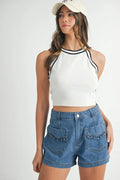 MABLE Contrast Trim Grecian Neck Cropped Tank