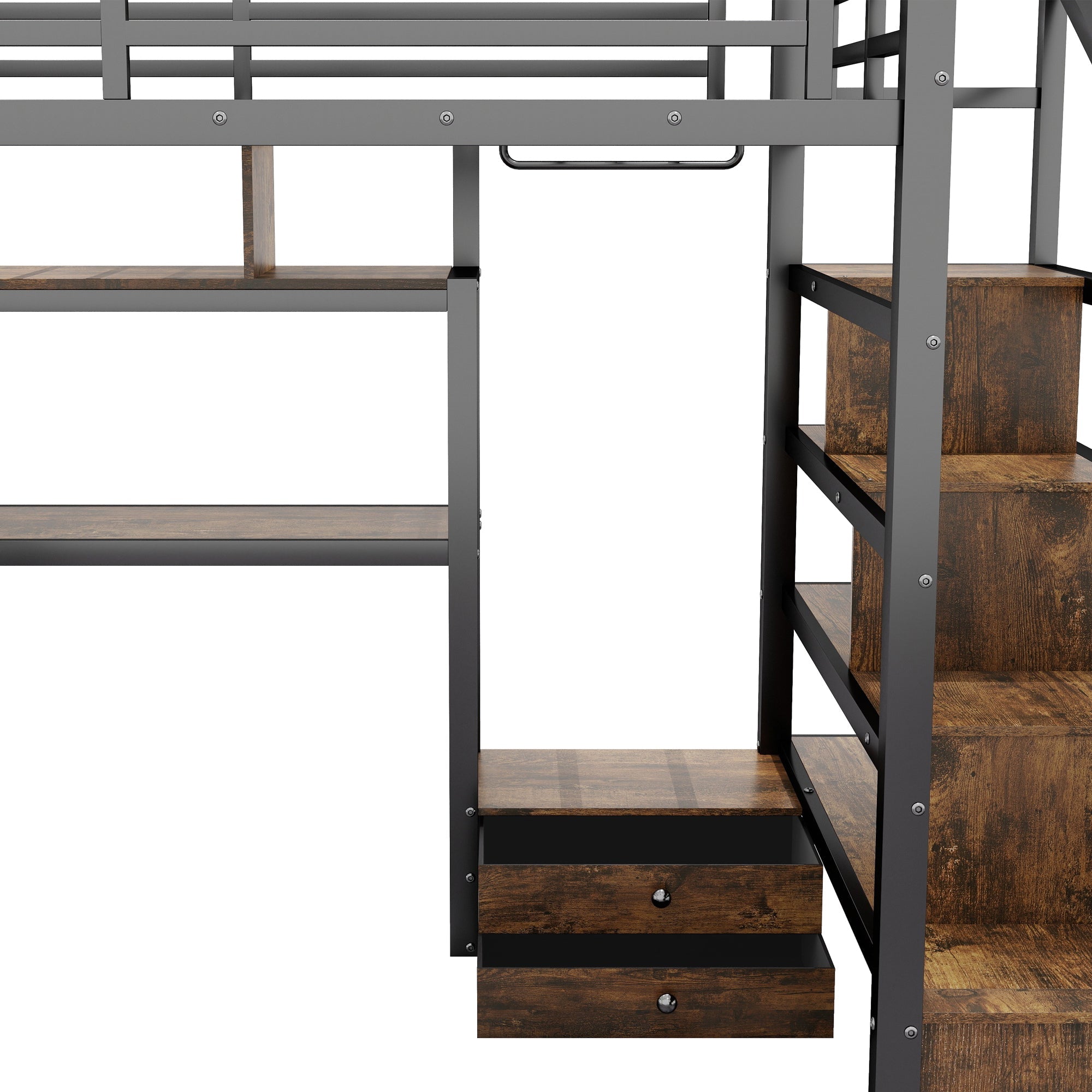 Full Size Loft Bed with LED Light & Charge Station, Metal Loft Bed with Desk and Staircase, Loft bed with Wardrobe for Kids, Black (Expect Arrival Date 2025/4/30)