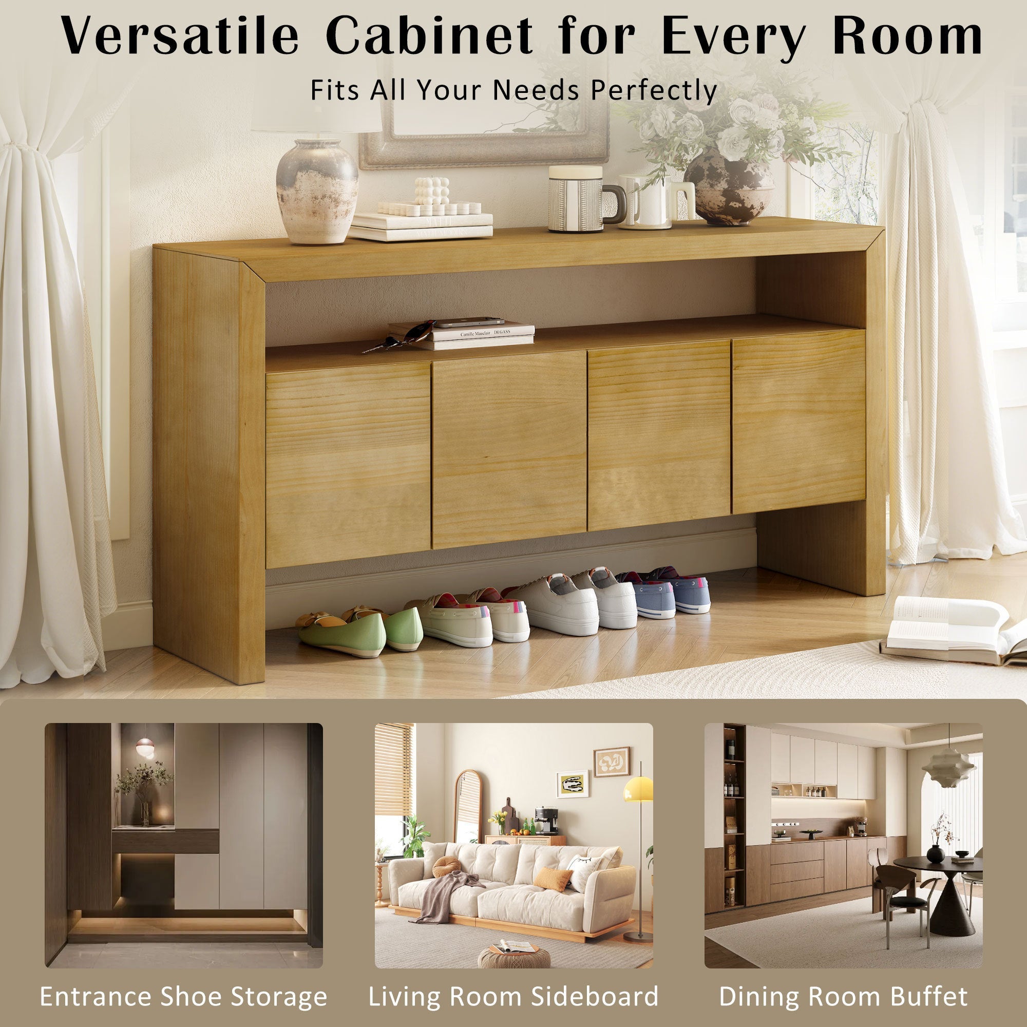 U_Style 60' 4-Door Sideboard, Modern Minimalist Solid Wood Veneer Sideboard with Open Shelf, Natural Wood Grain, Large Capacity Storage Console for Living Room, Hallway, Dining (Black/Natural)