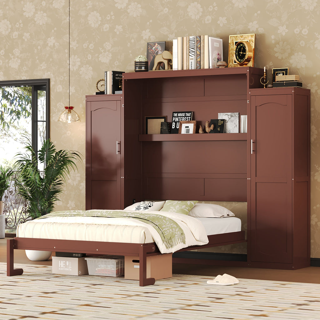 Queen Size Murphy Bed, Wooden Queen Wall Bed with 2 Wardrobe and Storage Shelf, Multifunctional Foldable Platform Bedframe for Guest-Room, Bedroom, Walnut