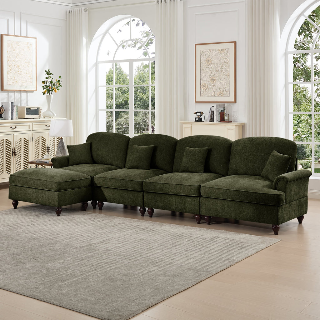 Classic Three Seater Modular L Shaped Sectional Couch with Flared Arms and Removable Ruffles Pleats Skirts and Spindle Legs, Comfy Chenille Four-Seat Deep Seat Sofa with Movable Ottoman, Green