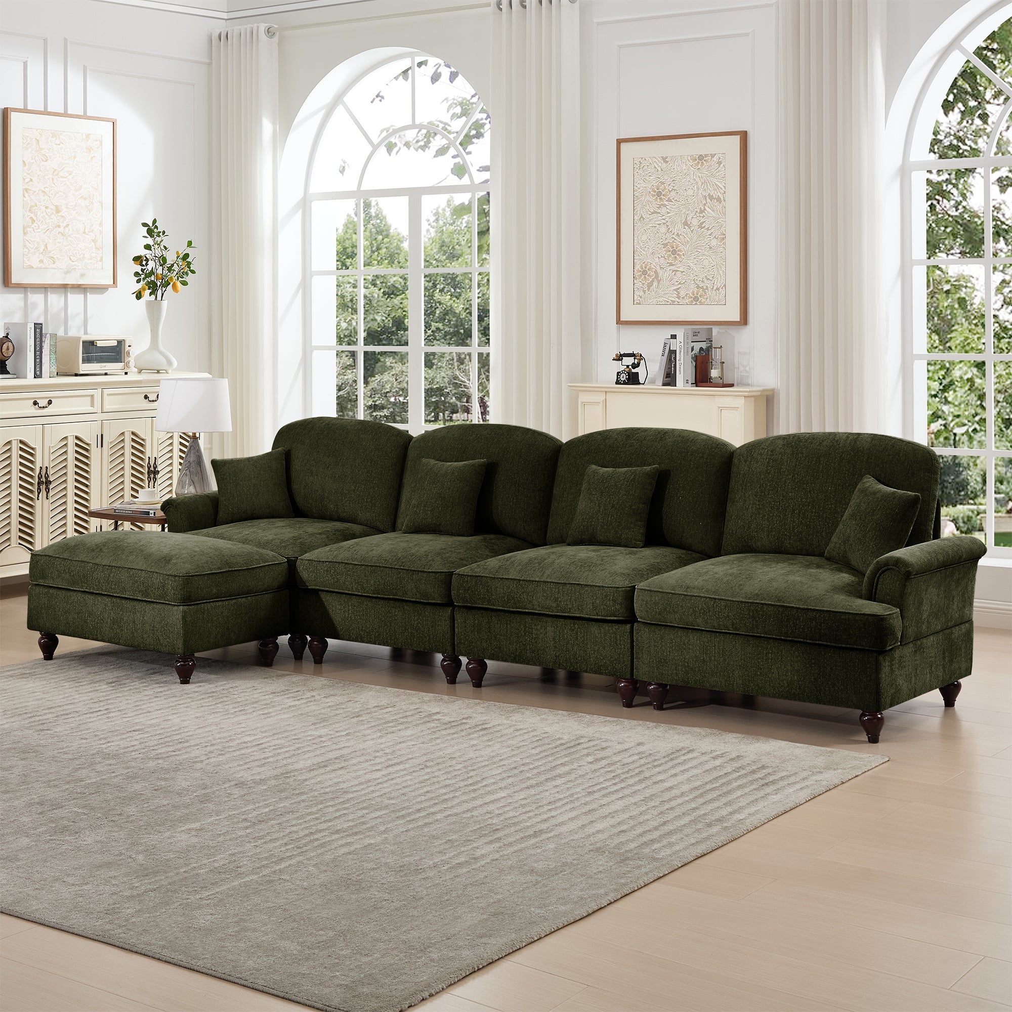 Classic Three Seater Modular L Shaped Sectional Couch with Flared Arms and Removable Ruffles Pleats Skirts and Spindle Legs, Comfy Chenille Four-Seat Deep Seat Sofa with Movable Ottoman, Green