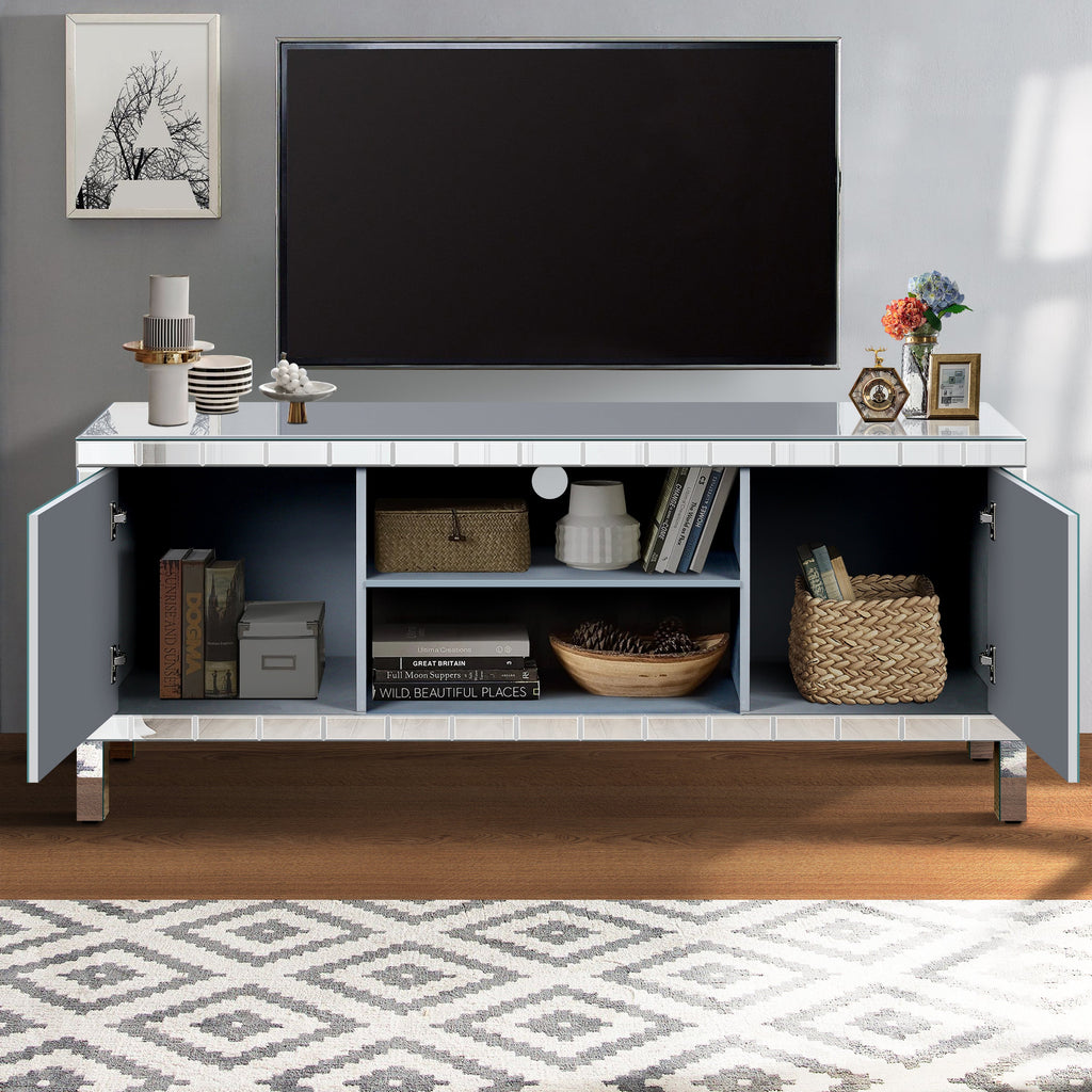 Mirrored TV Stand for 65+ inch TV,Sliver TV Console Table with Open Storage & 2 Storage Cabinets ,M Shape Sparkling Mirror Doors for Living Room(59''W x 25.2''H x 15.7D)