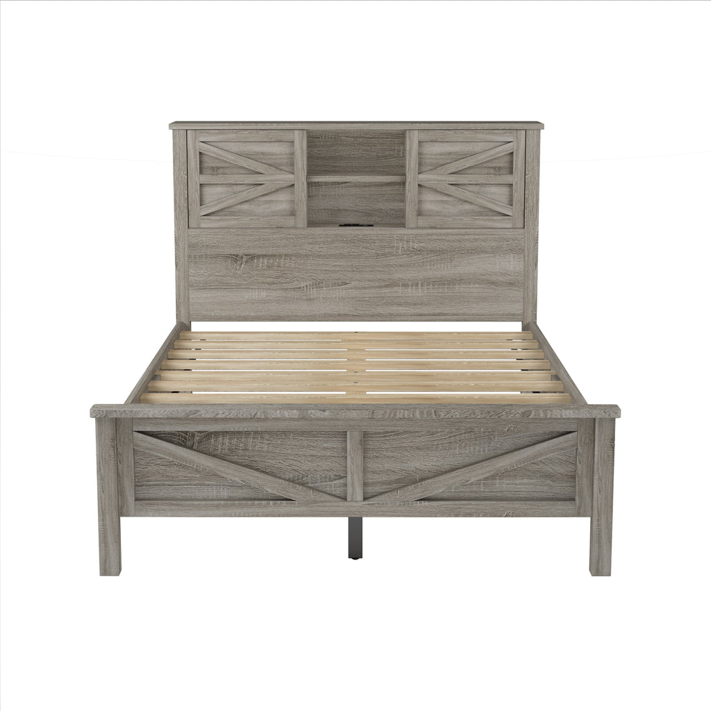 3-Pieces Bedroom Sets Full Size Farmhouse Platform Bed with Double Sliding Door Storage Headboard and Charging Station, Storage Nightstand and Dresser, Antique Gray(Old SKU HL000091AAG)