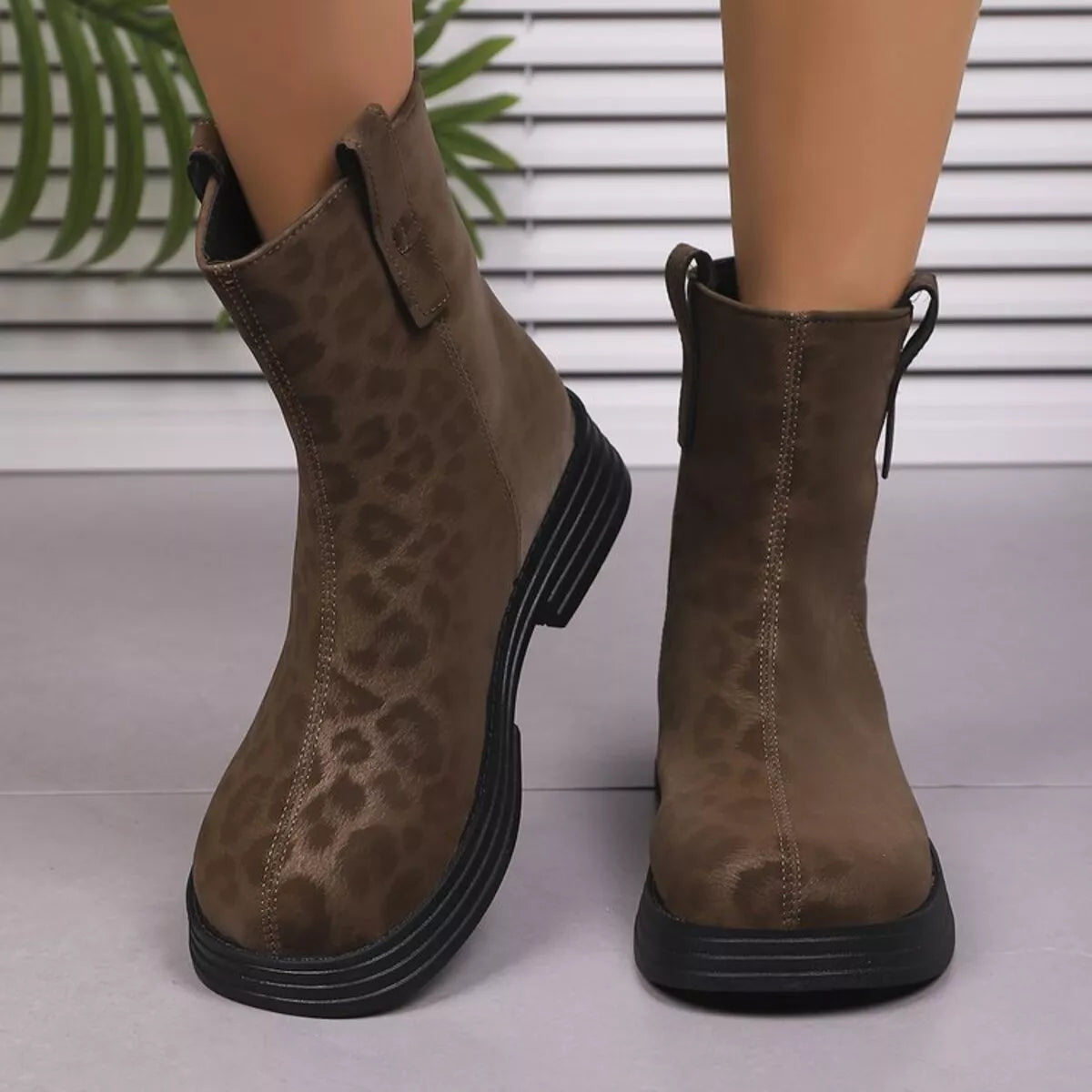 Leopard Round Toe Block Heels Boots