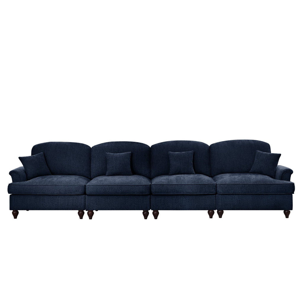 Elegant Mid Century Large 4 Seater Sofa Couch with Flared Arms and Removable Ruffles Pleats Skirts and Spindle Legs, Comfy Chenille Four-Seat Sofa for Living Room, Blue