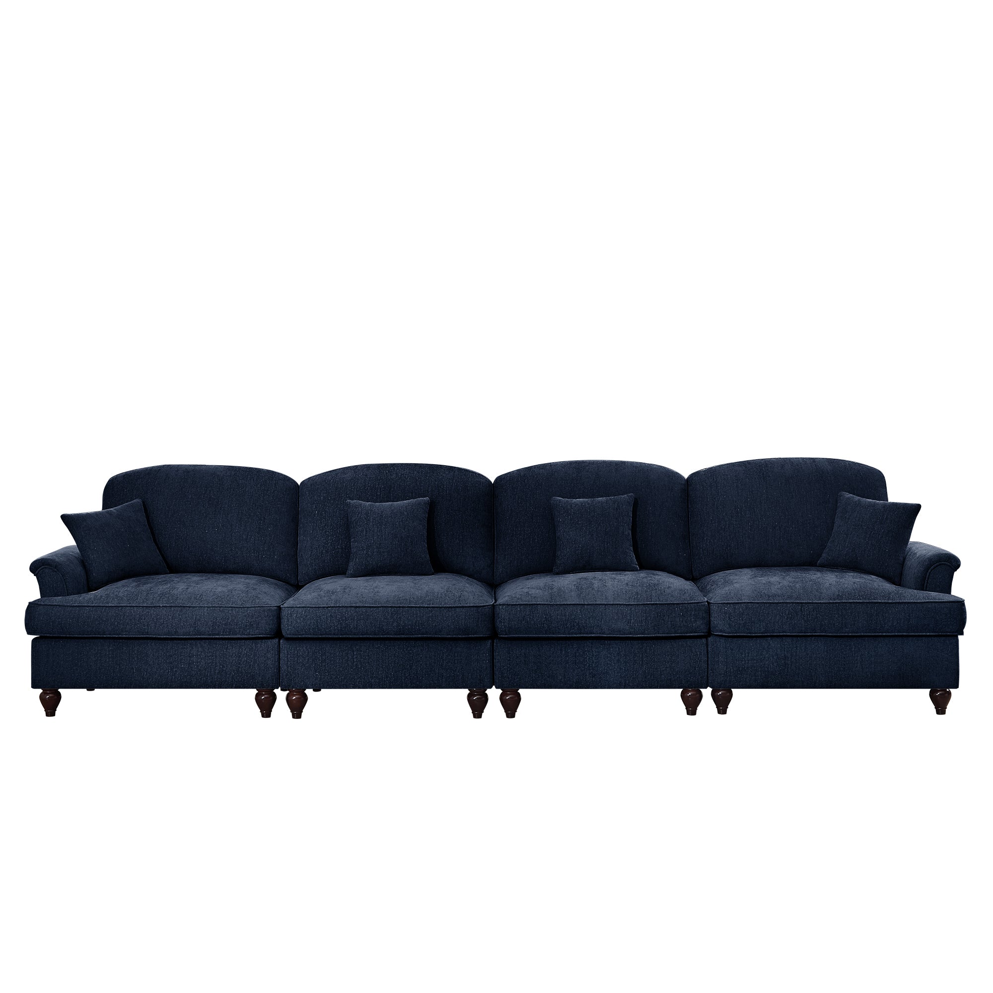 Elegant Mid Century Large 4 Seater Sofa Couch with Flared Arms and Removable Ruffles Pleats Skirts and Spindle Legs, Comfy Chenille Four-Seat Sofa for Living Room, Blue