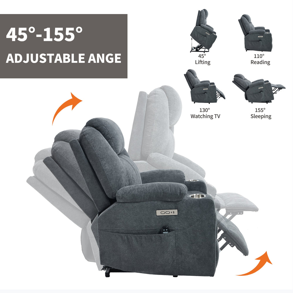 Up to 350 LBS polyester Power Lift Recliner Chair, Heavy Duty Motion Mechanism with 8-Point Vibration Massage and Lumbar Heating, USB and Type-C Ports, Stainless Steel Cup Holders, Grey