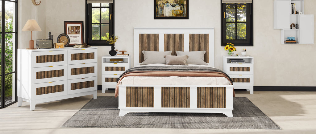 4-Pieces Bedroom Sets, Queen Size Farmhouse Platform Bed with Wooden Strip Stickers Decoration, Storage Nightstand and Dresser with Metal Handle, White(Old SKU: HL000191AAK)