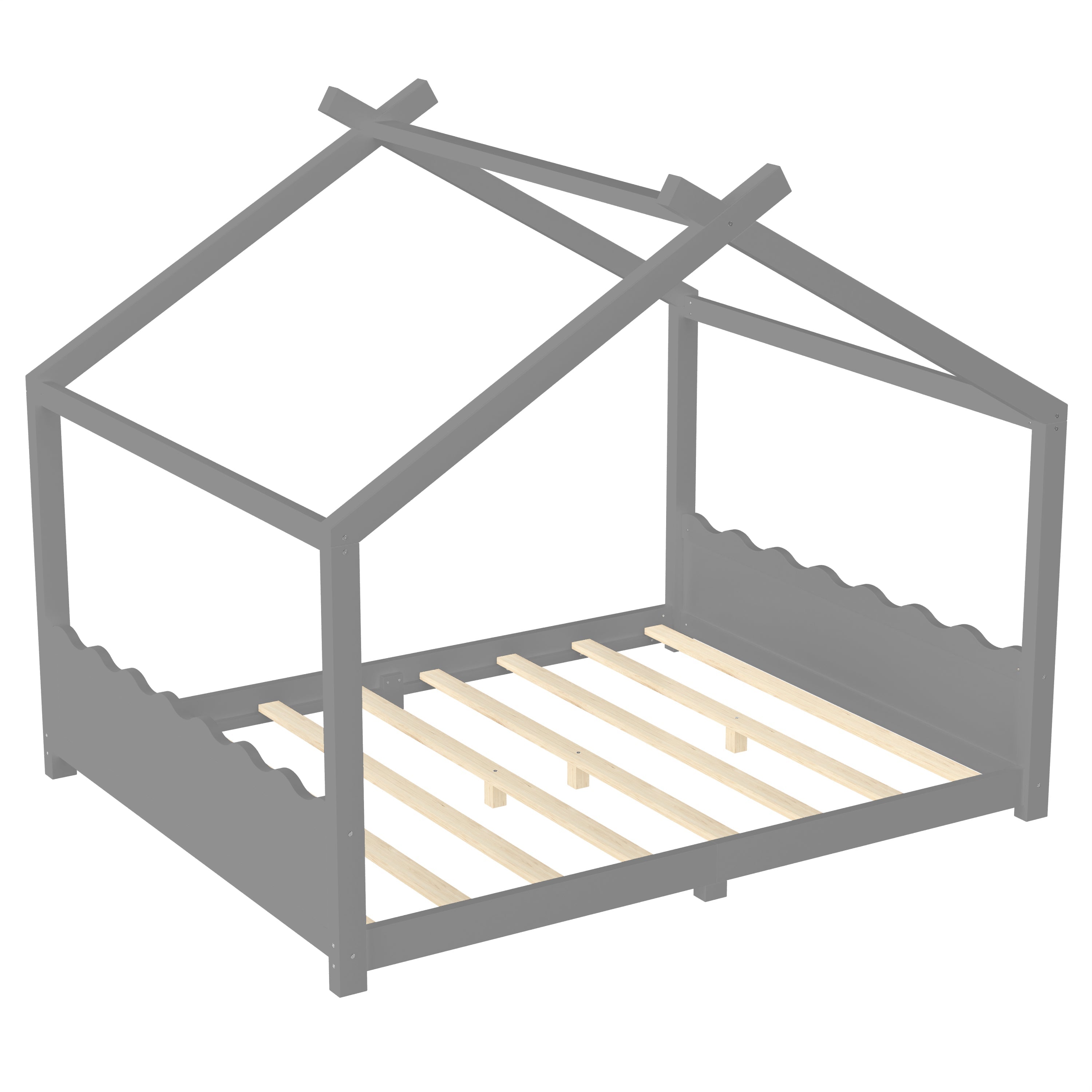 Queen House Floor Bed with Support Slats, Solid Wood House Bed Frame for Kids, No Box Spring Needed and Opening Constructure, Gray