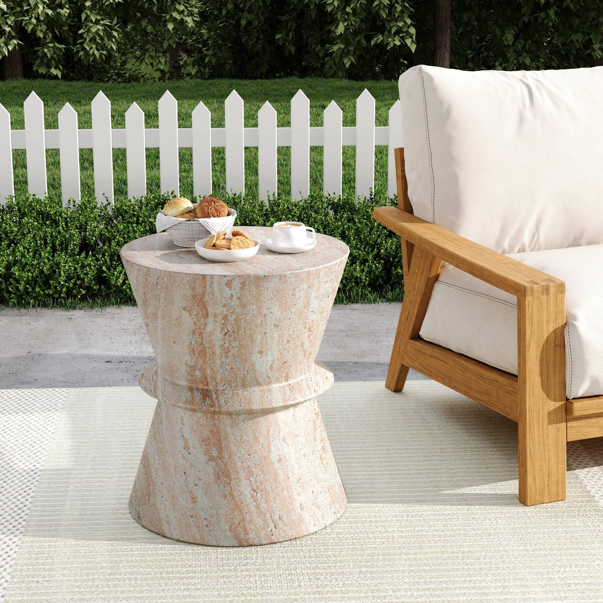 Outdoor/Indoor Lightweight Concrete Side Table with Travertine Finish, Beige, 15.5x15.5x18 inches