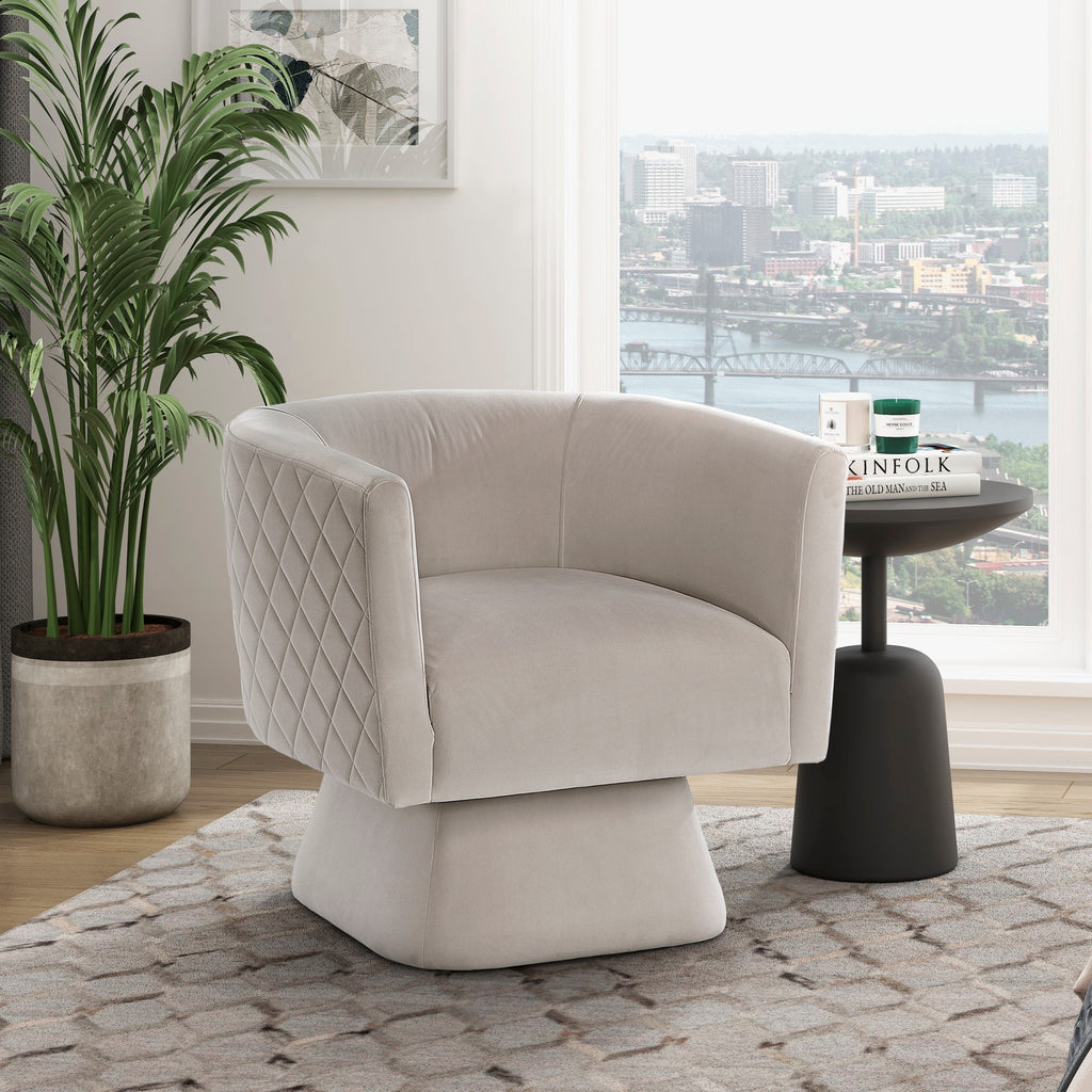 1pc Swivel Chair Taupe Velvet Fabric Upholstery Solid Wood Diamond Pattern Stitched Back Comfort Chair Living Room Furniture