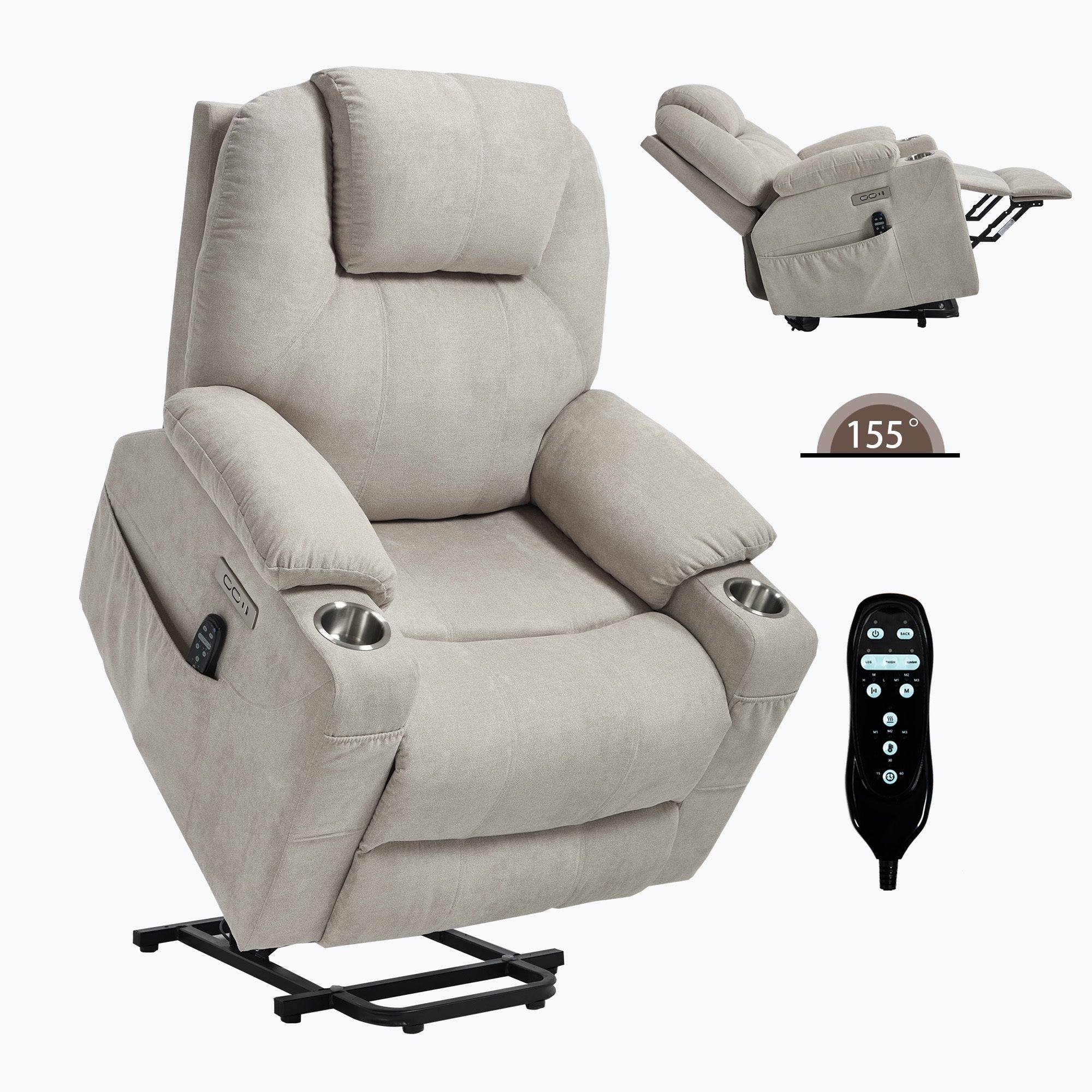 Up to 350 LBS polyester Power Lift Recliner Chair, Heavy Duty Motion Mechanism with 8-Point Vibration Massage and Lumbar Heating, USB and Type-C Ports, Stainless Steel Cup Holders, Beige