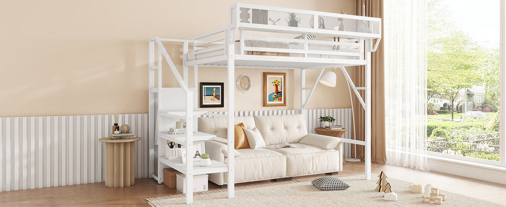 Twin Size Loft Bed with Stairs, Metal Full Loft Bed with Storage Shelves, High Loft Bed with Wardrobe for Kids Teens,White(Expect Arrival Date 2025/9/22)