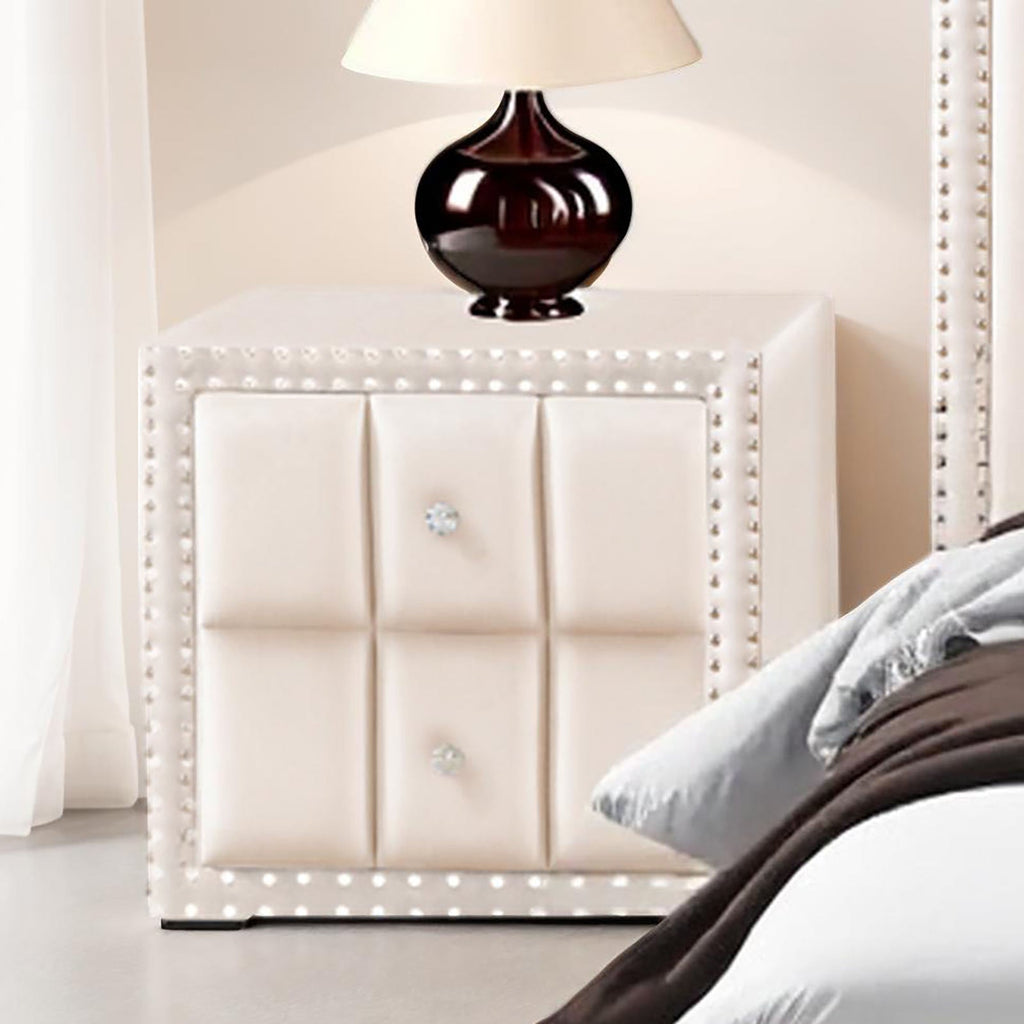 Queen Size Bed 2x Nightstands Bedroom Furniture Contemporary Beige Fabric Upholstered Bedframe w LED Nailhead Trim 3pc Bedroom Set