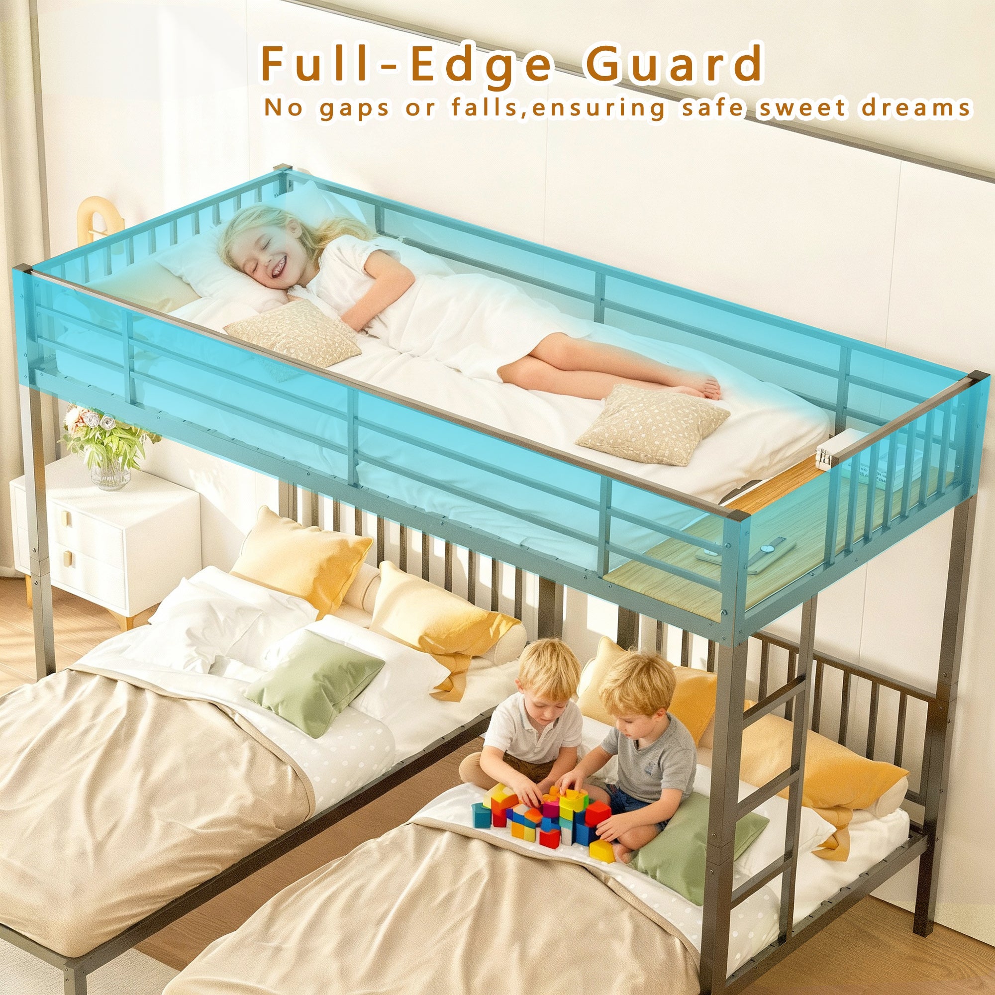 Triple Bunk Bed for Kids,3 Bed Bunk Beds for 3,Metal Triple Bunk Beds,Separates Into 3 Twin Beds,Noise Reduced Structure,Black