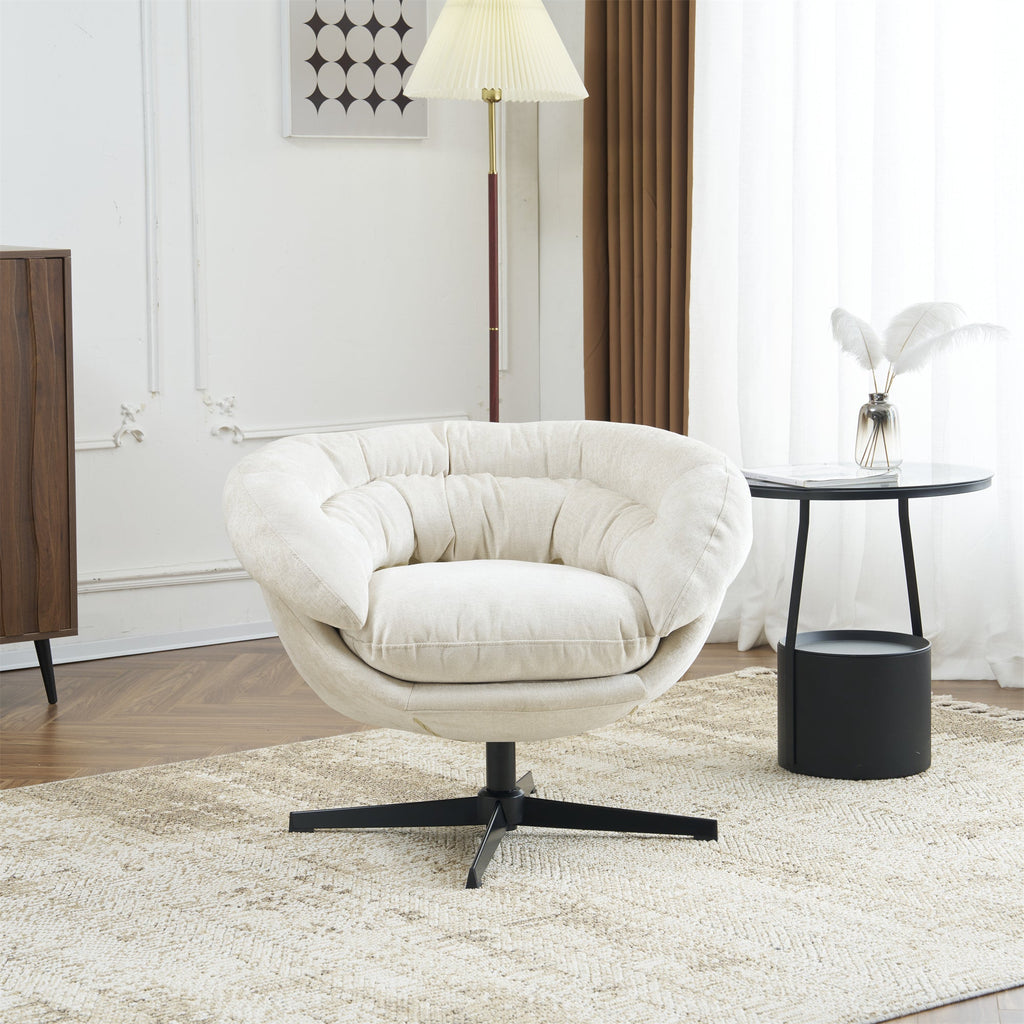 Modern Chenille Office Chair, 360° Swivel Club Chair/Accent Chair with Removable Cushion, Round Office Chair, Black Metal Base, Cotton Material, Living Room, Bedroom, Reading Corner, Office (Beige)