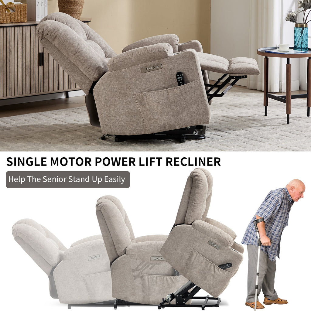 Power Lift Recliner Chair with Massage and Heat for Elderly, Overstuffed Wide Recliners, Heavy Duty Motion Mechanism with USB and Type C Ports, 2 Steel Cup Holders, Khaki