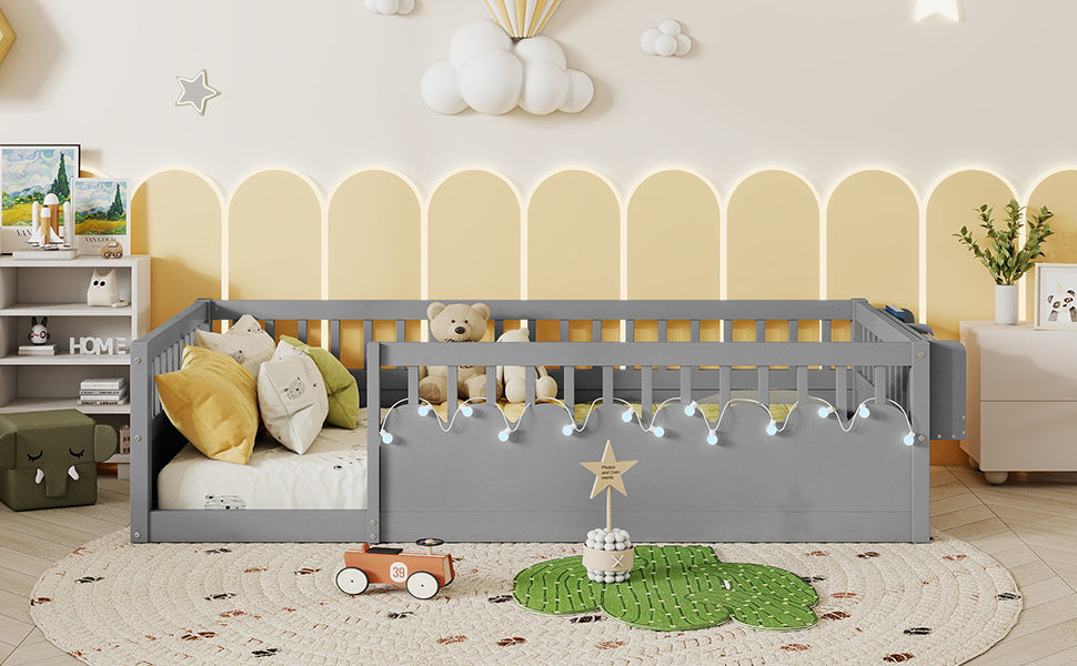 Twin Montessori Floor Bed Frame with High Rails, Wood Kids Floor Beds with Light and Storage Shelf, Gray (Expect Arrival Date 2025/8/15)