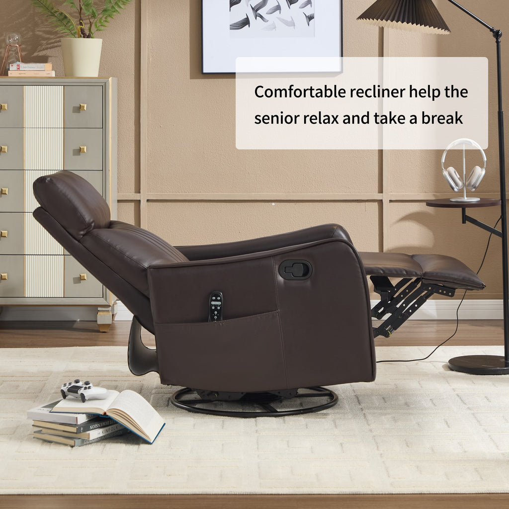 Brown Faux Leather Heat Massage Manual Recliner Chair with Rocker and Swivel for Living Room