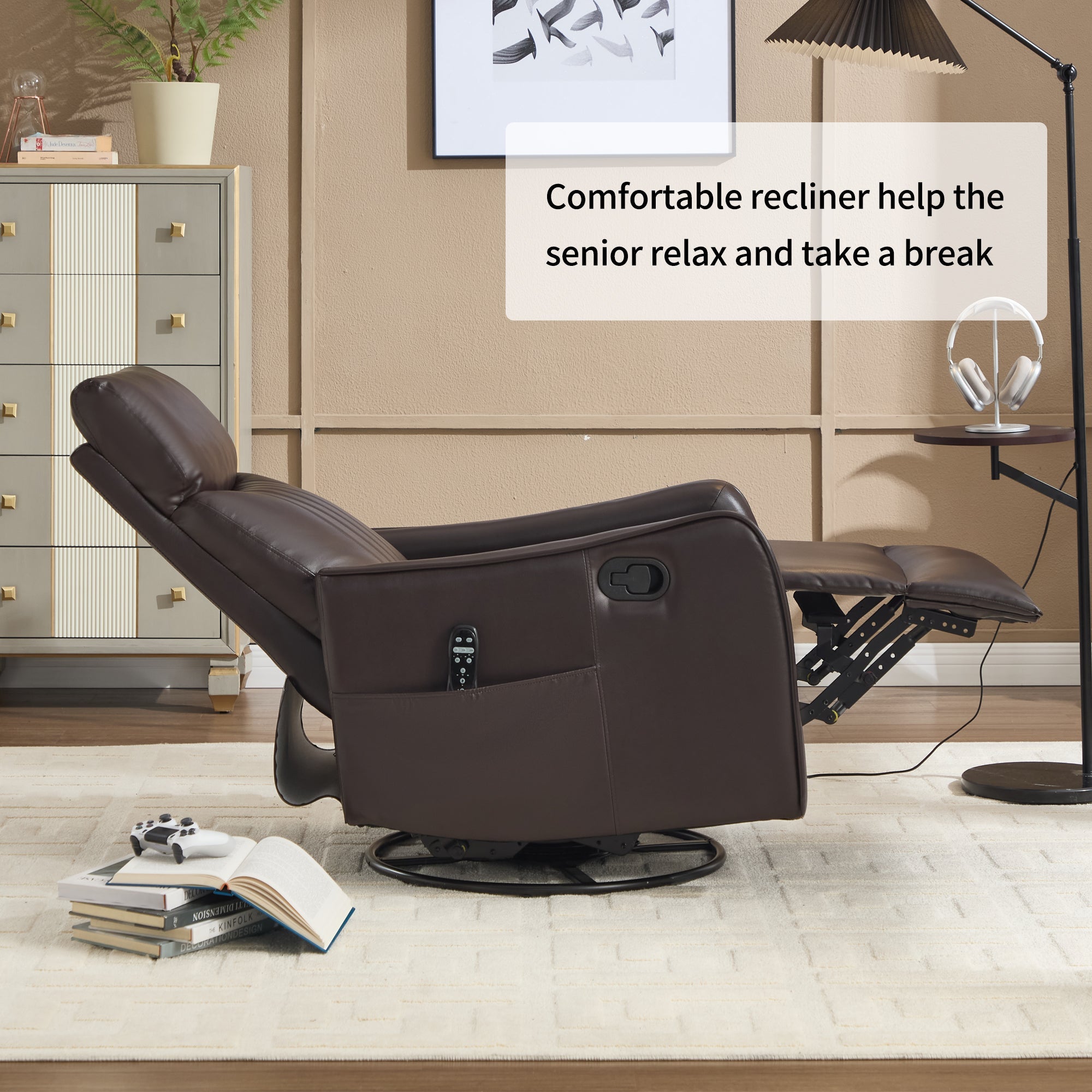 Brown Faux Leather Heat Massage Manual Recliner Chair with Rocker and Swivel for Living Room