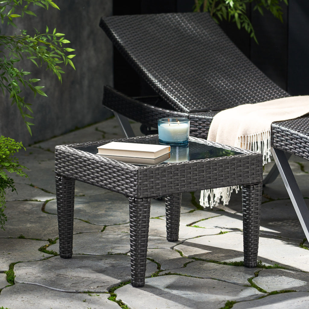 Outdoor Antibes Wicker Side Table Grey Accent Table with Glass Top