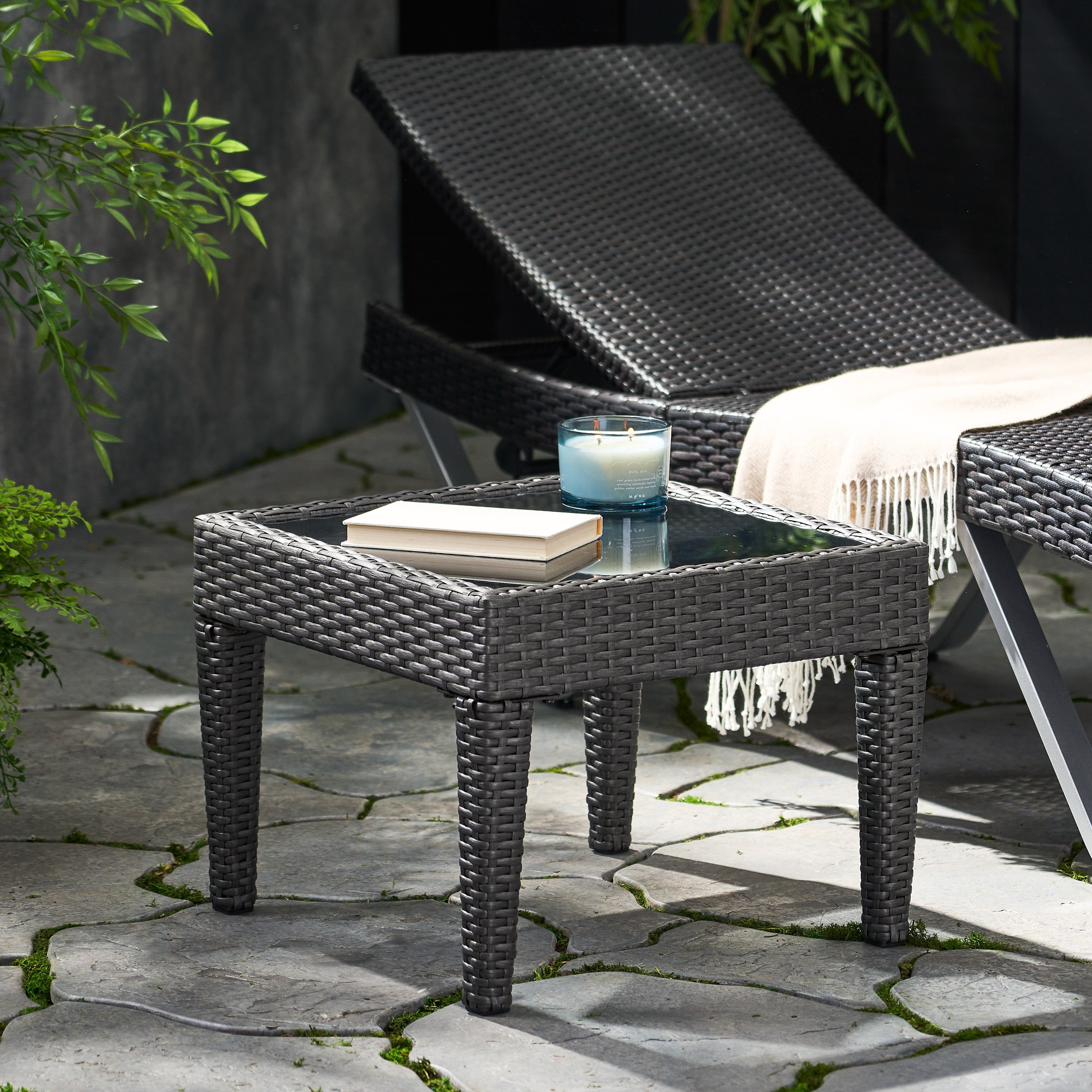 Outdoor Antibes Wicker Side Table Grey Accent Table with Glass Top