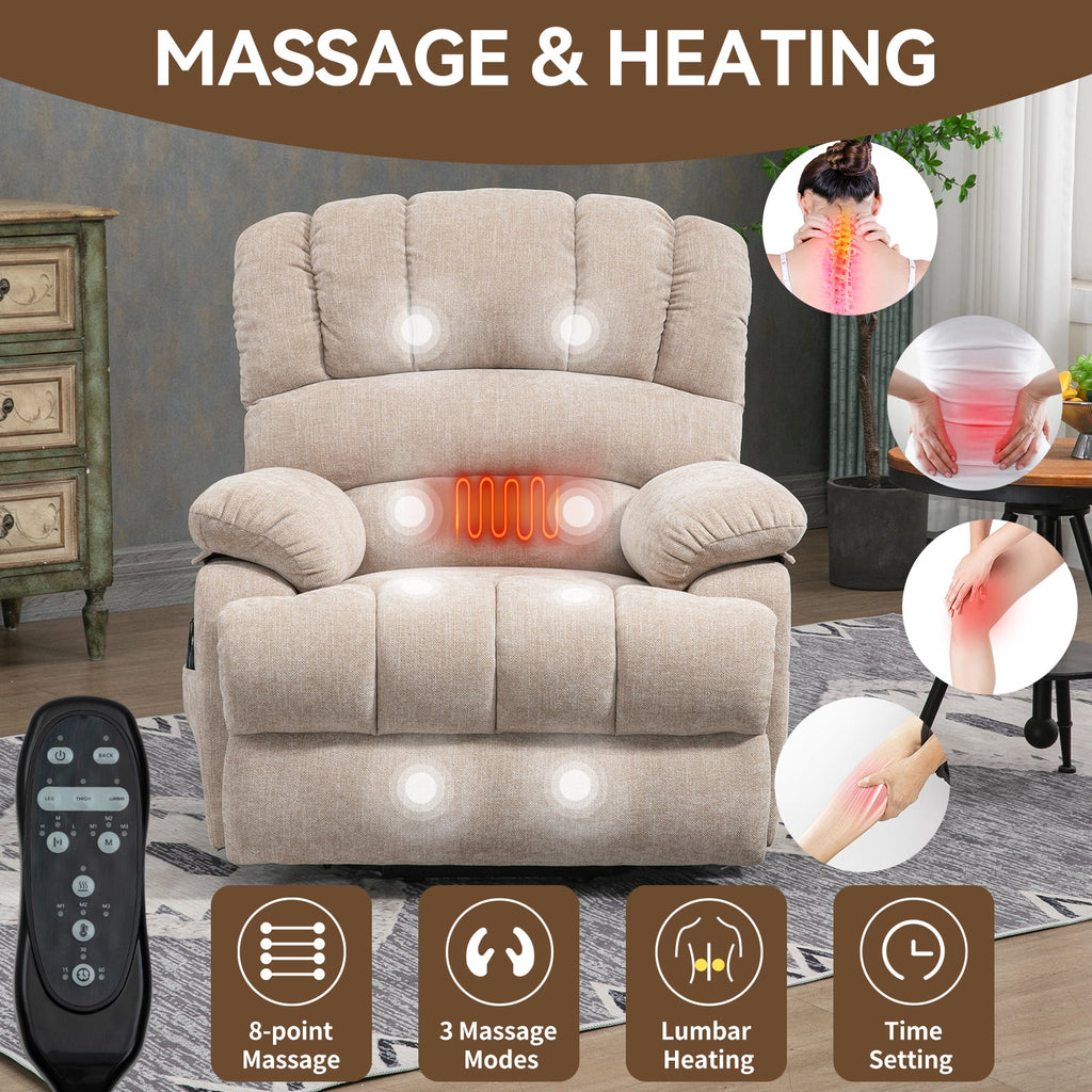 23' Seat Width and High Back Large Size Beige Chenille Power Lift Recliner Chair with 8-Point Vibration Massage and Lumbar Heating