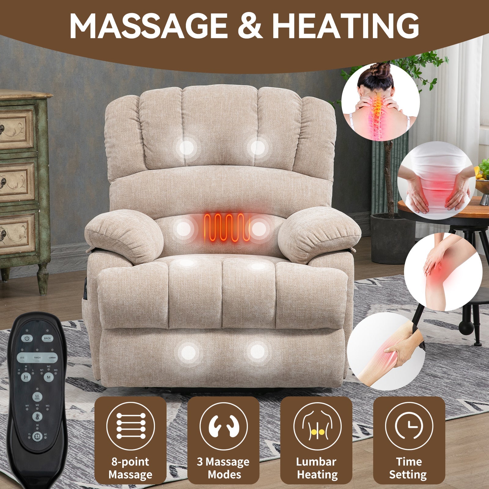 23' Seat Width and High Back Large Size Beige Chenille Power Lift Recliner Chair with 8-Point Vibration Massage and Lumbar Heating