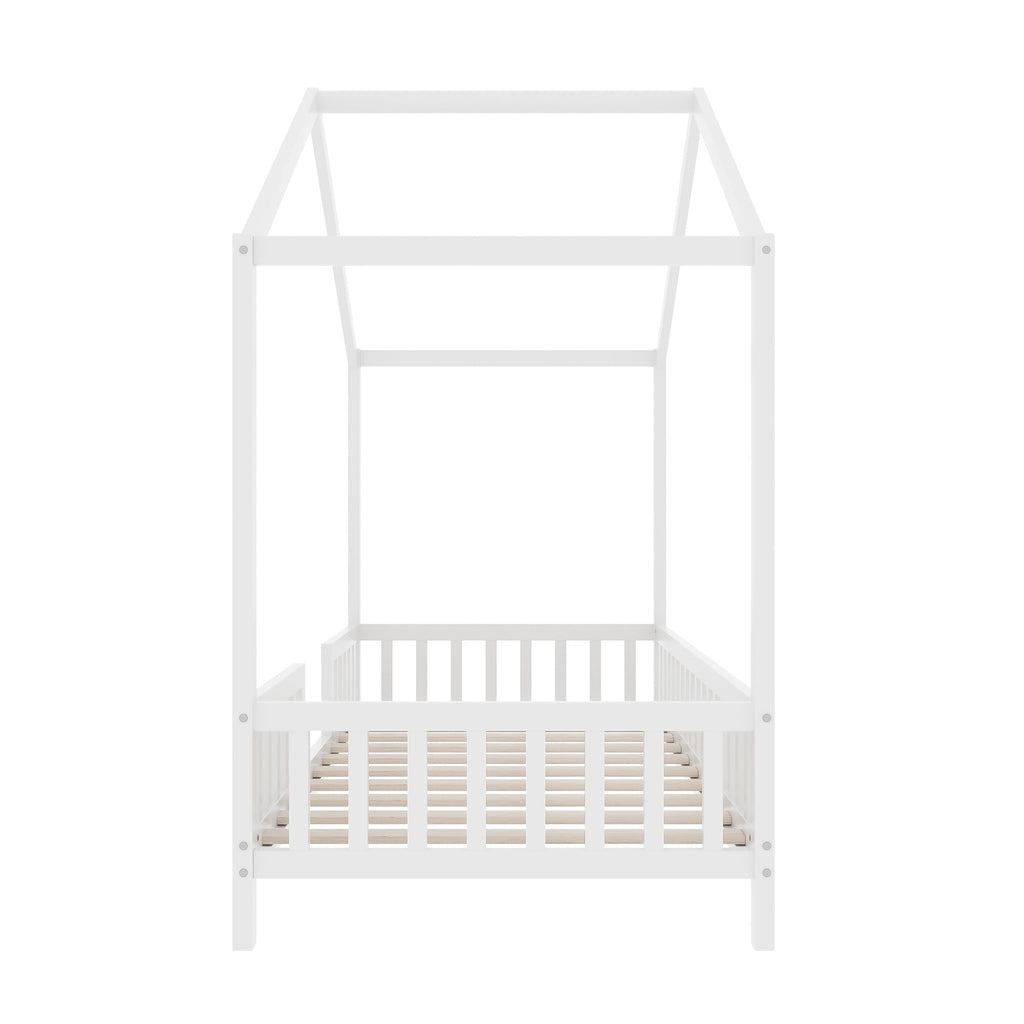 Montessori Floor Bed with Canopy, Twin Bed Frame for Kids, House Shape Kids Bed Frame with High Railings, Wood Kids Bed with Roof, Kid Twin Bed, White