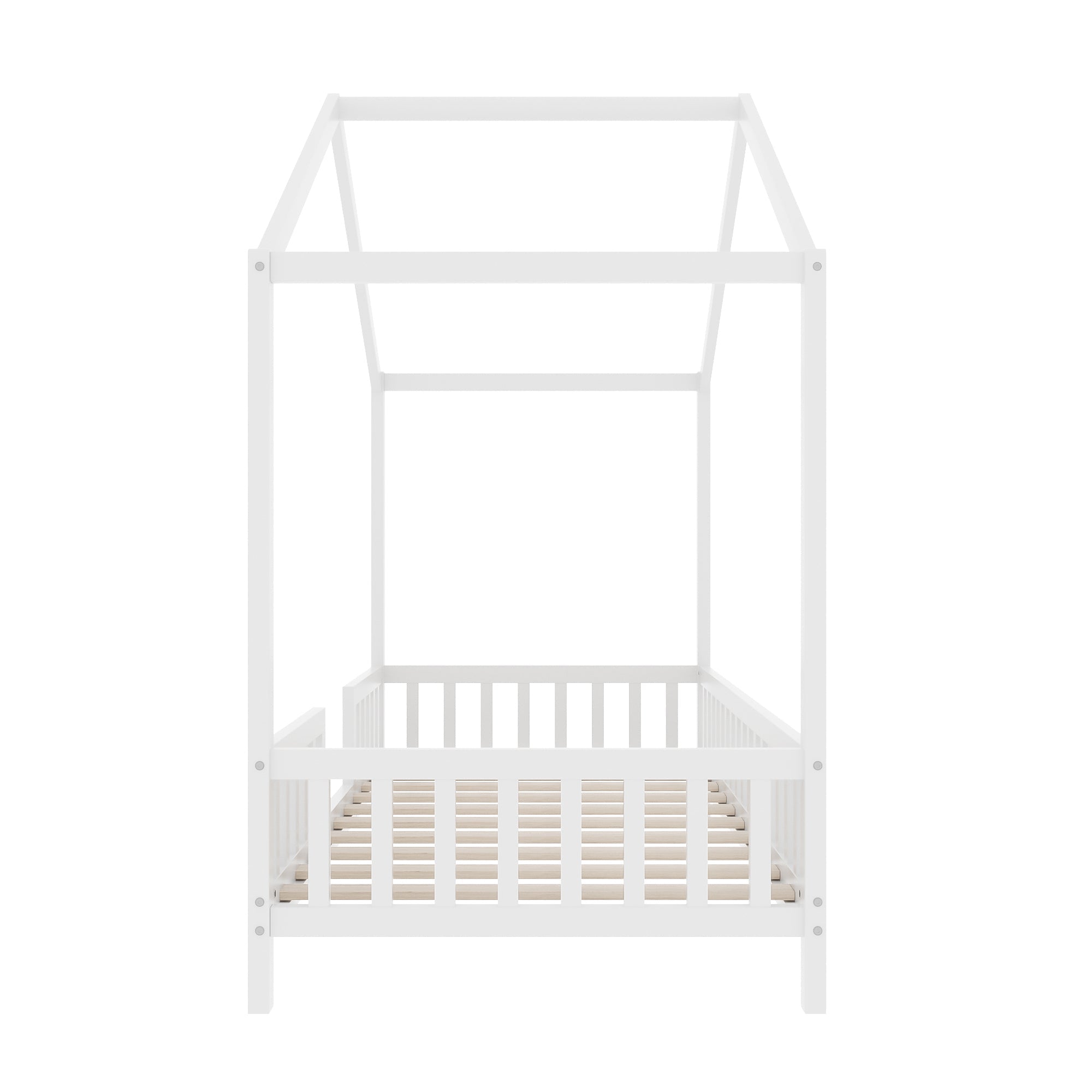 Montessori Floor Bed with Canopy, Twin Bed Frame for Kids, House Shape Kids Bed Frame with High Railings, Wood Kids Bed with Roof, Kid Twin Bed, White