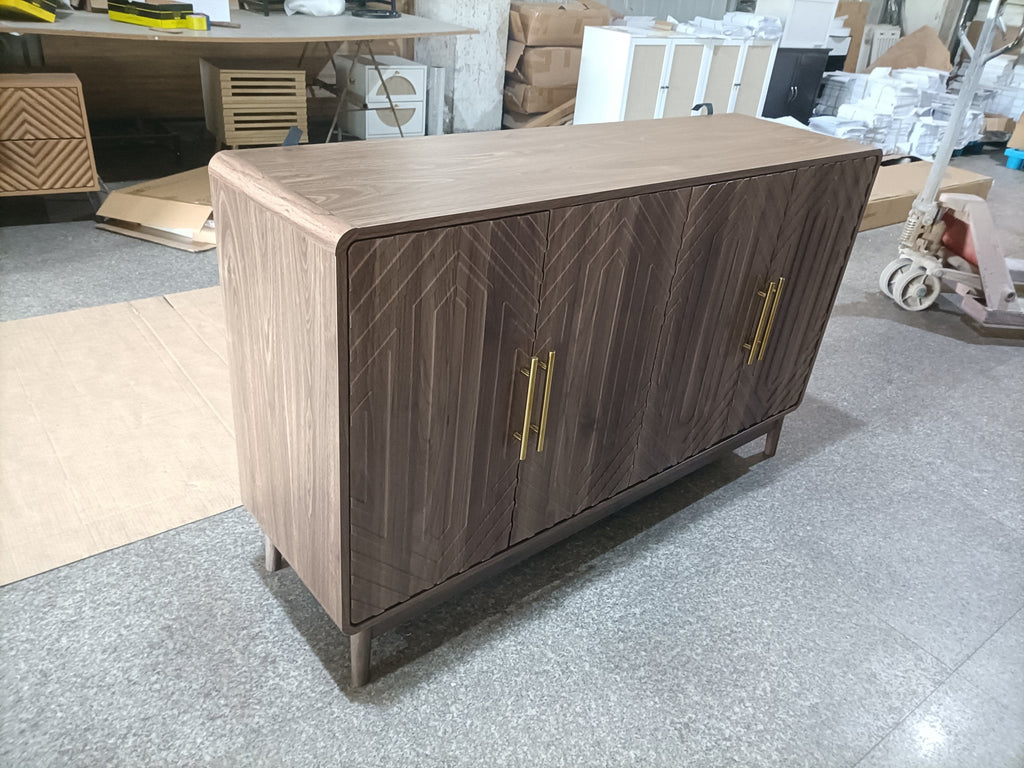 Modern Carved 4-Door Sideboard Buffet Cabinet with Storage, Adjustable Layer Board, Walnut Finish