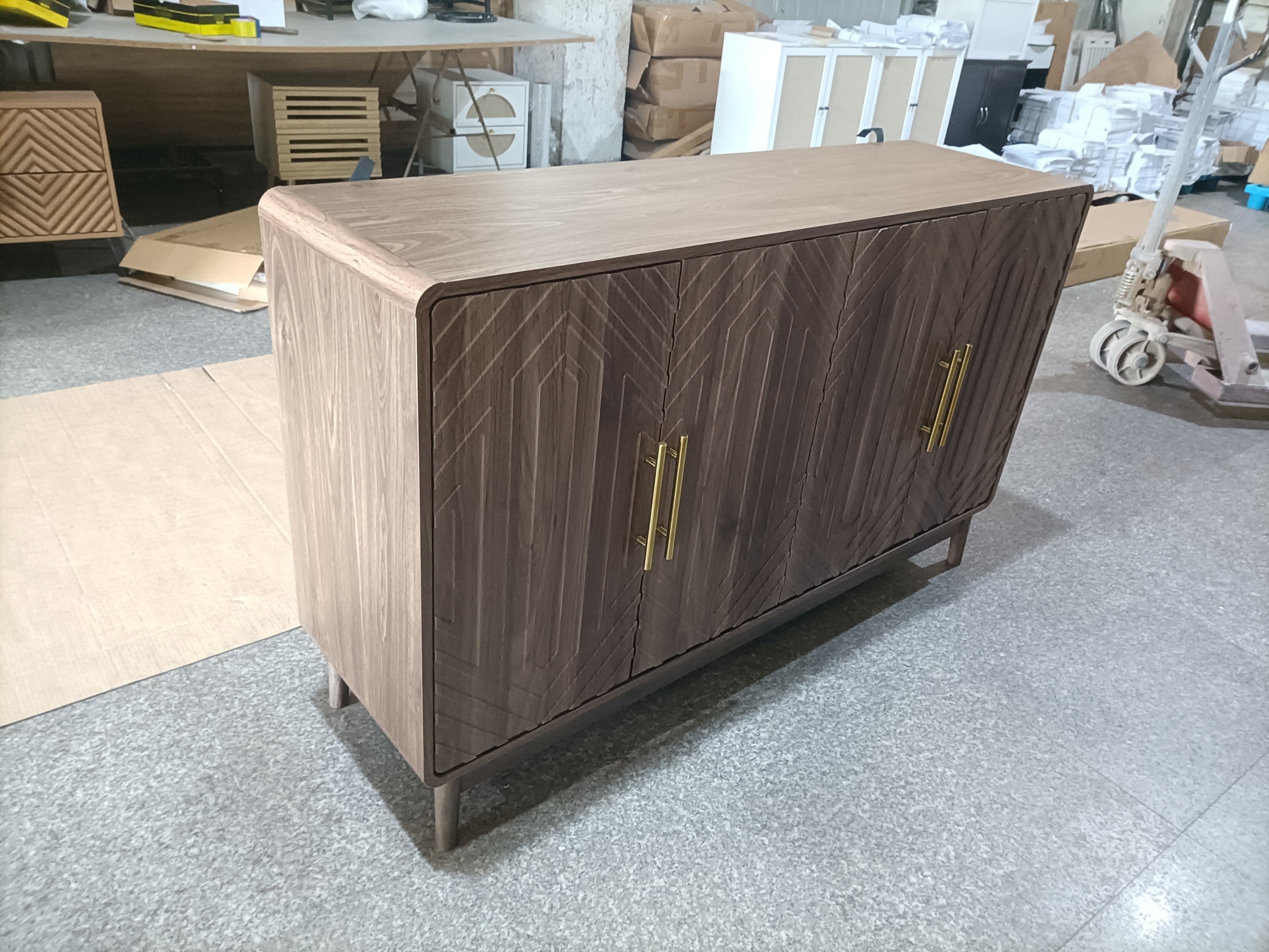 Modern Carved 4-Door Sideboard Buffet Cabinet with Storage, Adjustable Layer Board, Walnut Finish