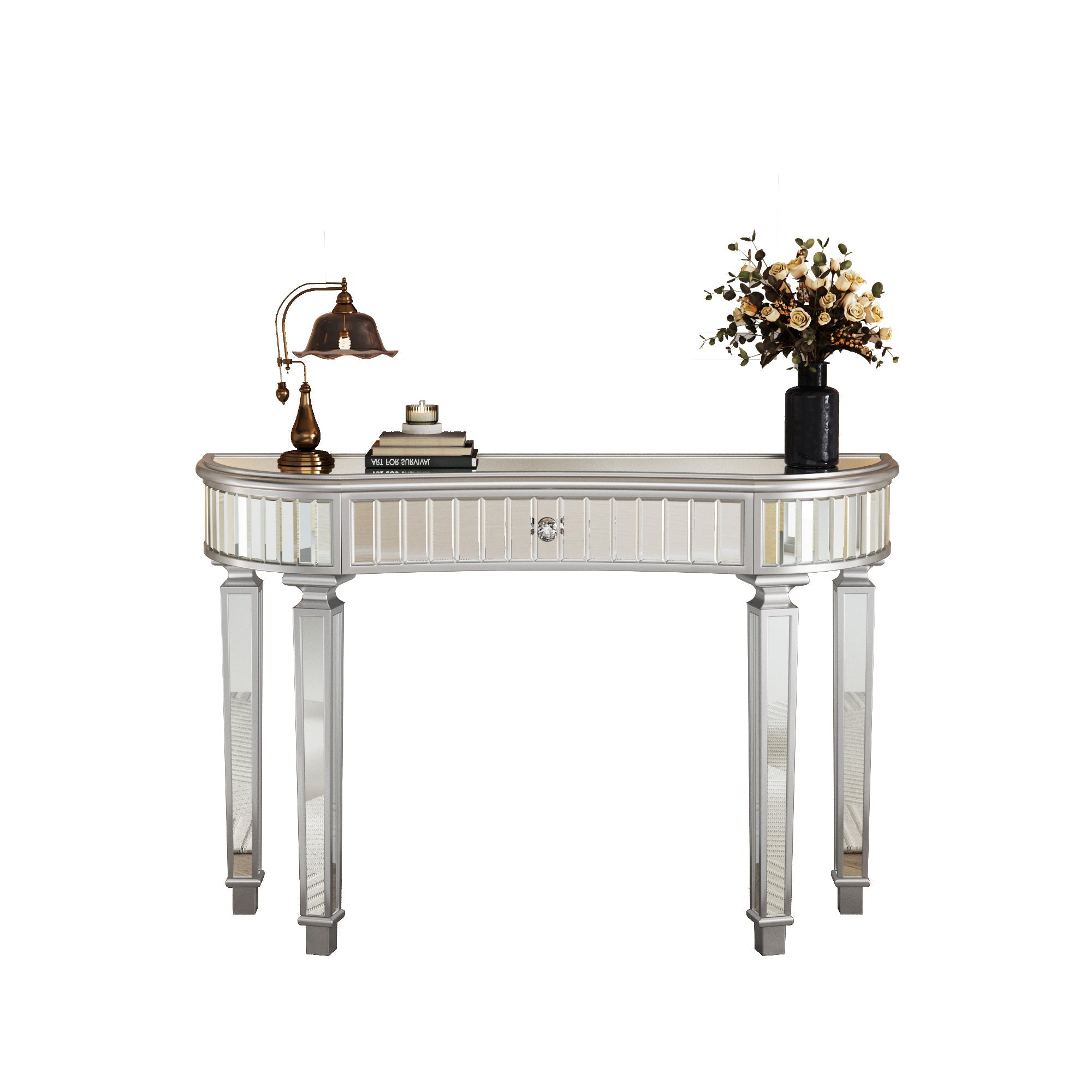 47' Half-Moon Mirrored Console Table with Fluted Glass & Crystal Knob Drawer - Silver Entryway Vanity Desk for Bedroom/Dressing Room(Grey+Sliver)