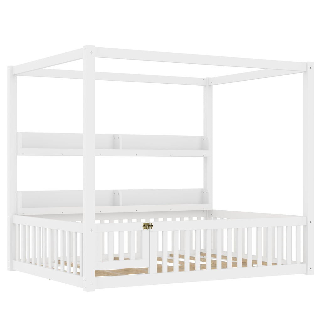 Full Size Canopy Bed with Guardrails, Solid Wood Floor Bed with Shelves, Montessori Floor Bed Frame for Kids, Boys, Girls, No Spring Box Needed, White
