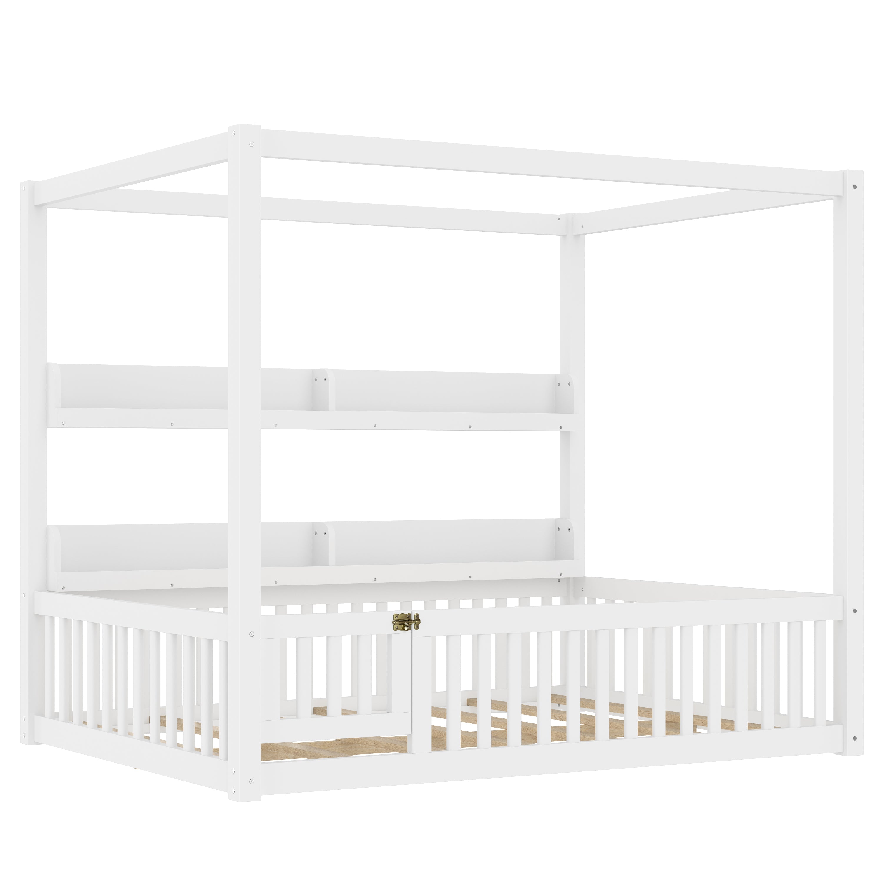 Full Size Canopy Bed with Guardrails, Solid Wood Floor Bed with Shelves, Montessori Floor Bed Frame for Kids, Boys, Girls, No Spring Box Needed, White