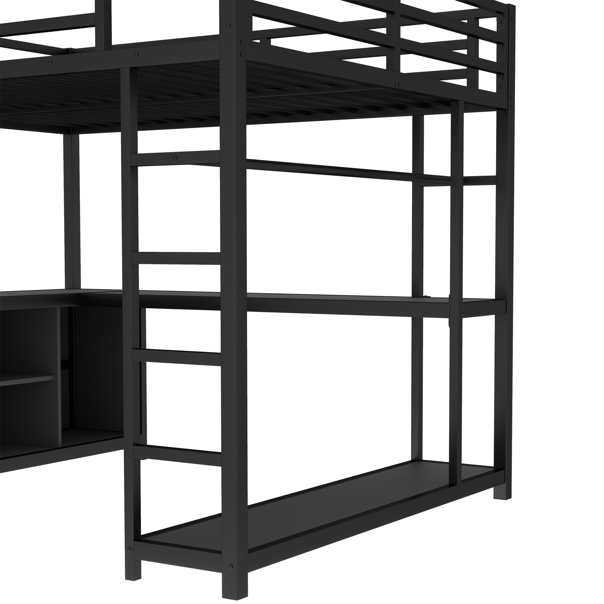 Metal Loft Bed with Wardrobe and L-shaped Desk, Queen Size Loft Bed with Storage Cubes and Shelves, Loft Bed for Kids Teens Adults, Black