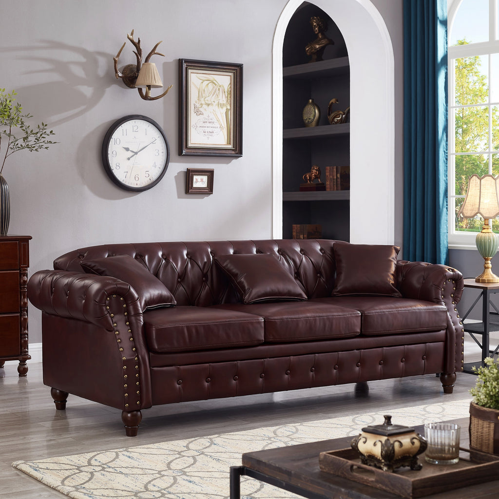 85.8' Living Room Chesterfield Sofa Classic Tufted Design Faux Leather PU Upholstered Sofa with Storage (Burgundy)