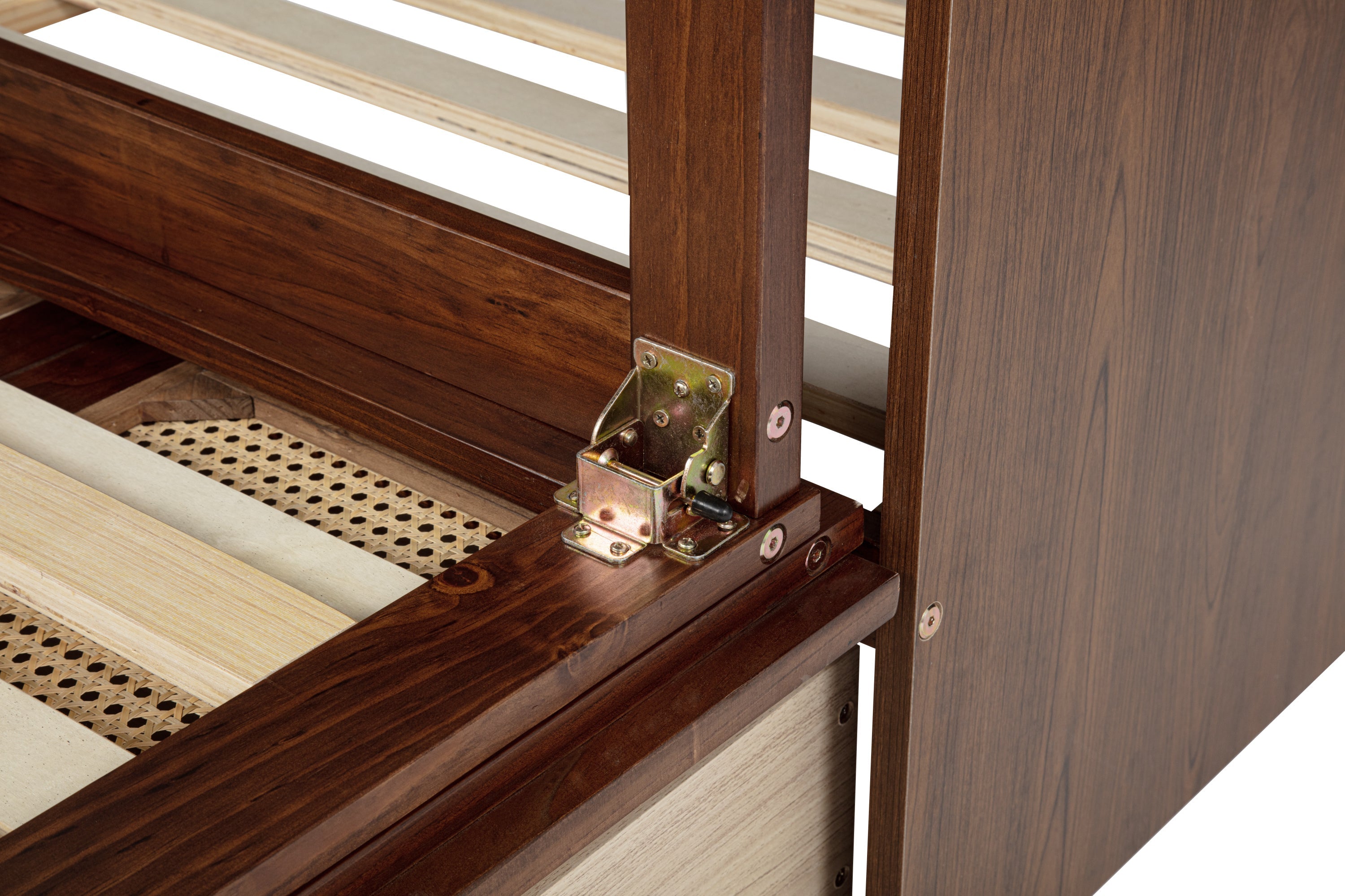 Queen Size Murphy Bed, Pine Wood Cabinet Bed with Power Station and Rattan Decoration Panel,Walnut