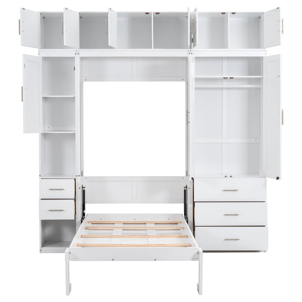 White Twin Size Murphy Bed with Lockers and Wardrobes, MDF+Pine, 93.2''L x 15.7''W x 99''H